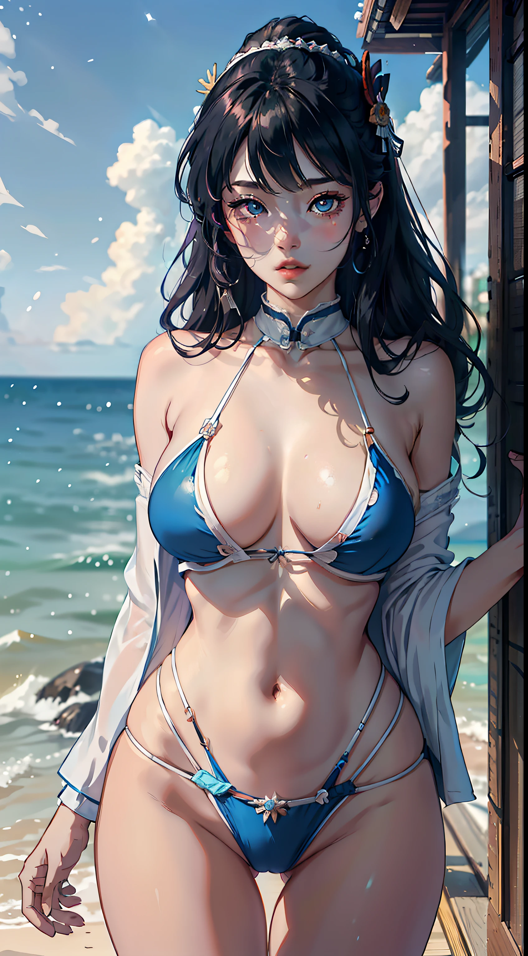 1female， old，Huge breasts， no headwear，独奏，Samurai of Japan， blue bikini，the sea，at winter season，Blizzard，White court costume， Pornographic exposure，Skysky，the night，  She has long flowing black hair，Very long hair， Bare genitalia，Bigchest， From the front side， curlies， ，mostly cloudy sky，（（（tmasterpiece），（Very detailed CG unity 8K wallpaper），best qualtiy，cinmatic lighting，detailed back ground，beatiful detailed eyes，Bright pupils，（Very fine and beautiful），（Beautiful and detailed eye description），ultra - detailed，tmasterpiece，）），facing at camera，A high resolution，ultra - detailed），standing on your feet，legs are open，Emotive expressions，Open-mouthed，Chest sagging，nakeness， Bulge，Expose the genitals，revealing breasts，Camel toes，with no underpants，extremely large bosom，Extremely colorful，Most detailed，fully body photo，The face is well lit，NOWAI