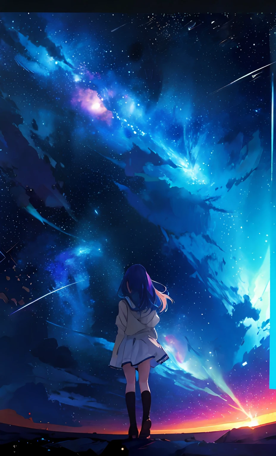 Anime girl looking at the stars in the sky, girl looks at the space, anime girl with cosmic hair, girl in space, Star(skyporn) starrysky_skyporn, on a galaxy looking background, in a space starry, near a galaxy, Anime art wallpaper 8k, shooting star in background, stars on sky, Anime Girl with Long Hair, Space sky