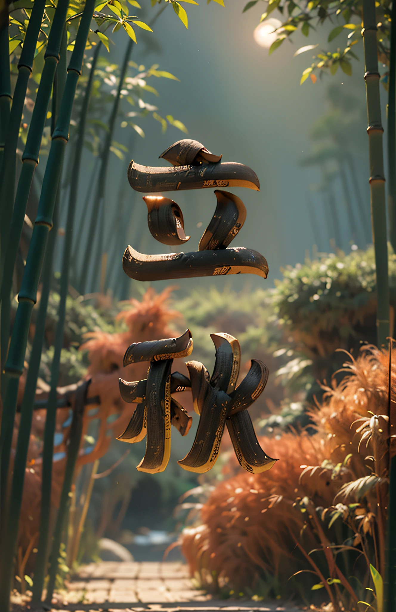 There is a bamboo forest in the distance,ricefield,Wheat,phragmites,River side,There is a bamboo forest path on the shore,Stand on the bamboo forest path,Highest image quality