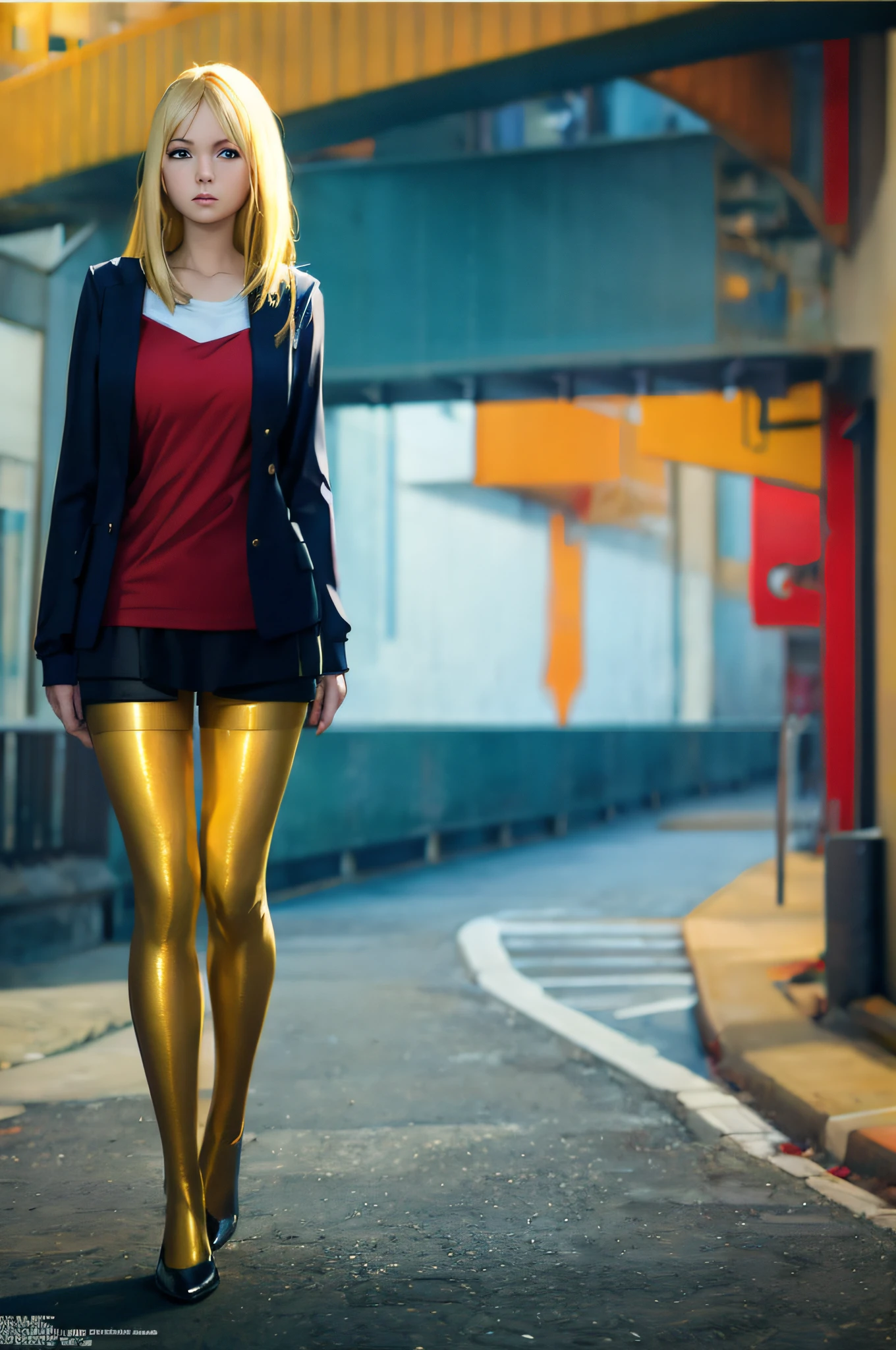 concept art, full body shot of a blonde woman, perfect eyes, wearing sexy golden tights and a short tight blue t-shirt, equirectangular 360, Highres, [(art by Willi Baumeister:1.1), (art by John T. Biggers:1.2)::17], official art, unity 8k wallpaper, ultra detailed, aesthetic, masterpiece, best quality, photorealistic
