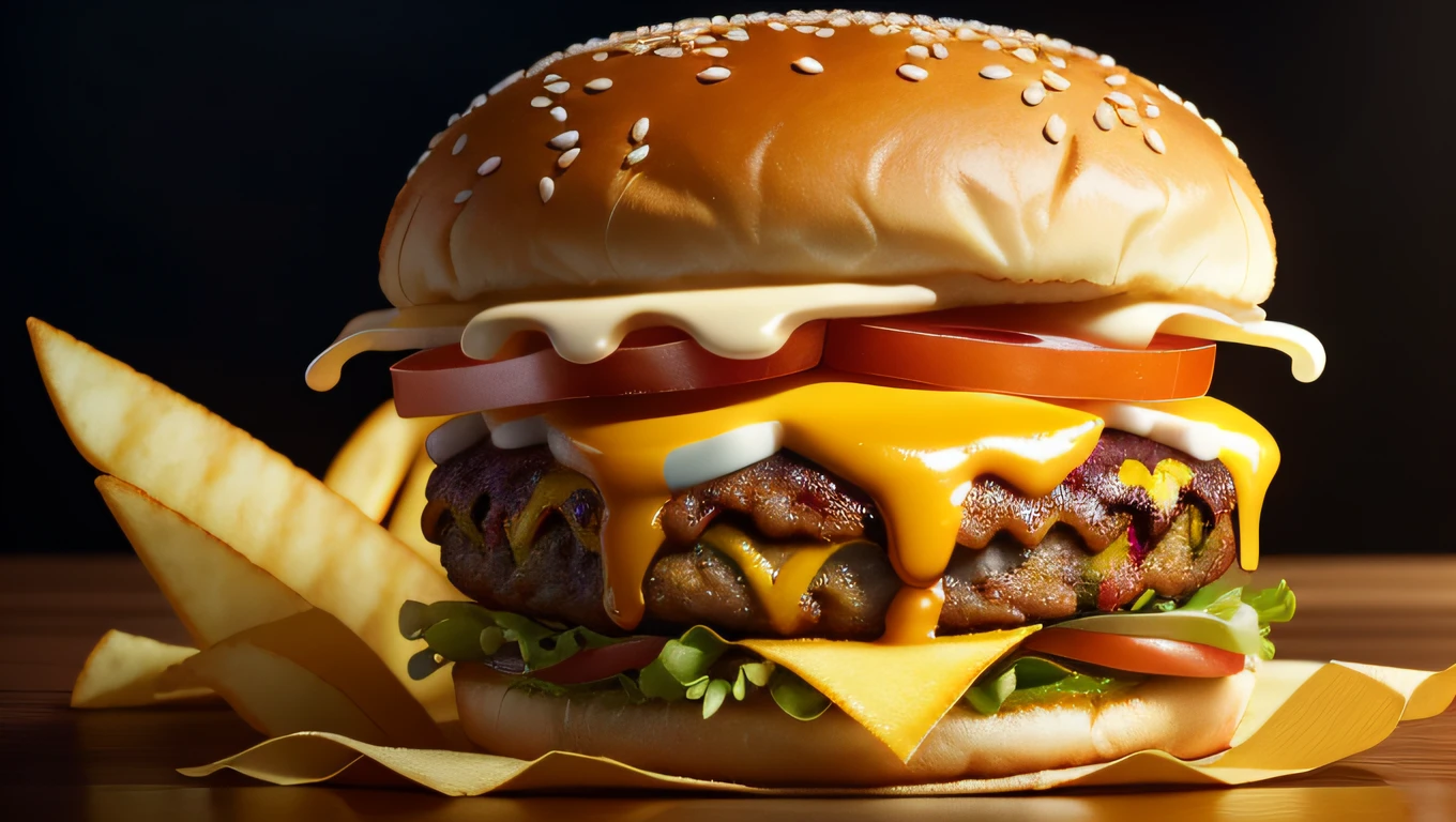 mix burger snack and fries, png background in infinite yellow color soft lighting, masterpiece, best quality, 8k uhd, dslr, film grain, photorealistic painting Fujifilm X hyper realistic photorealistic with high sharpness