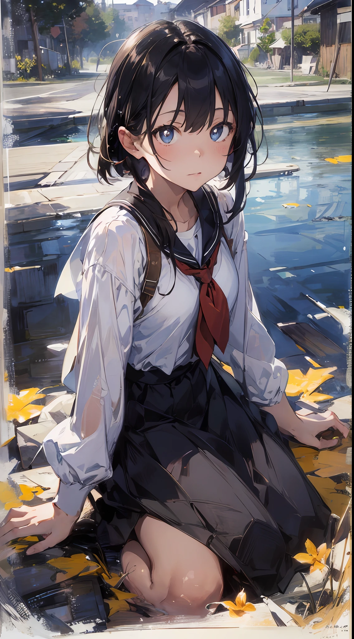 a  girl, sitting on, Side Shot, (deserted:1.3), (巨作, Top  Quality, Near and far law, Depth-of-field:1.5), the clouds, seas, beautifull face, thights, from below view, 8K, Raw foto, absurdist, impressionists, (Tom Thomson, Claude Monet, Joaquin Sorolla, James Wilson Morris, Jon Fabian Aluson, Hugh Henry Breckenridge:0.8), agk, photorealestic, film grains, Color Aberration, alta resolução, ultra detaild, finelydetail, dynamic  lighting, Dramatic lighting、shadowy、Sharp focus、Very detailed eyes and face、Sharp pupils、Realistic pupils