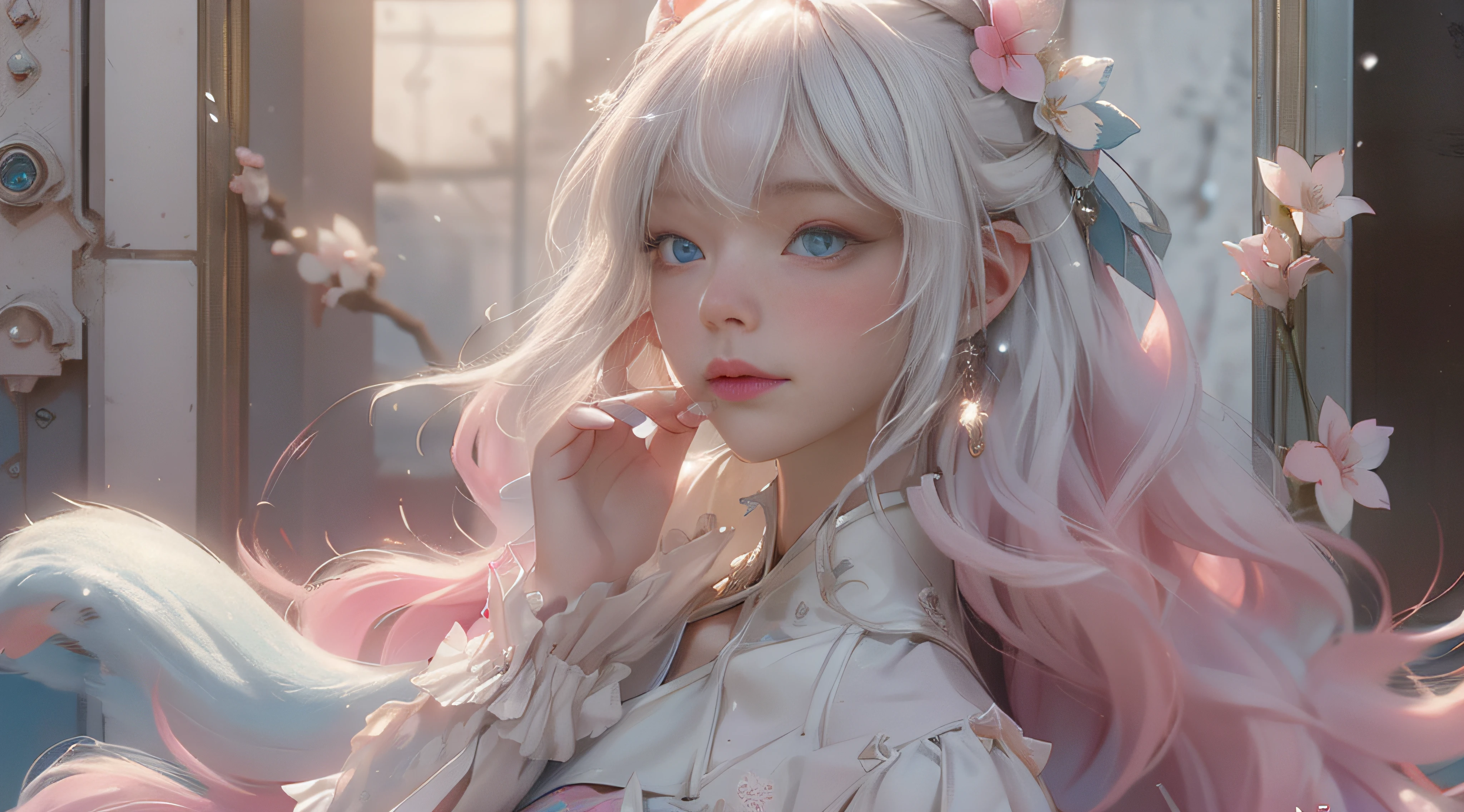 （（best qualtiy））， （（tmasterpiece））， （detail：1.4）， Beautiful cyberpunk female images，hdr（HighDynamicRange），Ray traching，NVIDIA RTX，Hyper-Resolution，illusory 5，sub surface scattering，PBR textures，post-proces，Anisotropy Filtering，depth of fields，maximum definition and sharpness，Many-Layer Textures，Albedo e mapas Speculares，Surface coloring，Mitsu-Accurate simulation of material interactions，perfectly proportioned，rendering by octane，Two-colored light，largeaperture，Low ISO，White balance，Rule three points、8K raw data、Beautiful bright blue pupils，off-the-shoulder clothes，Fine pupils，Delicate face and eyes，long eyelasher，Blushlush，Delicate and fluffy hair，pink lip，Pure，Cute face，Sweet girl，Artistic sense，Casual wear，Advancedsense，butterflys，Cherry blossom petal，Beautiful hair accessories，Long hair and waist，Hair fluttering in the wind，Snow-white fox ears，curlies，Snow-white fluffy tail，Positive light，The light from the back window is backlighted