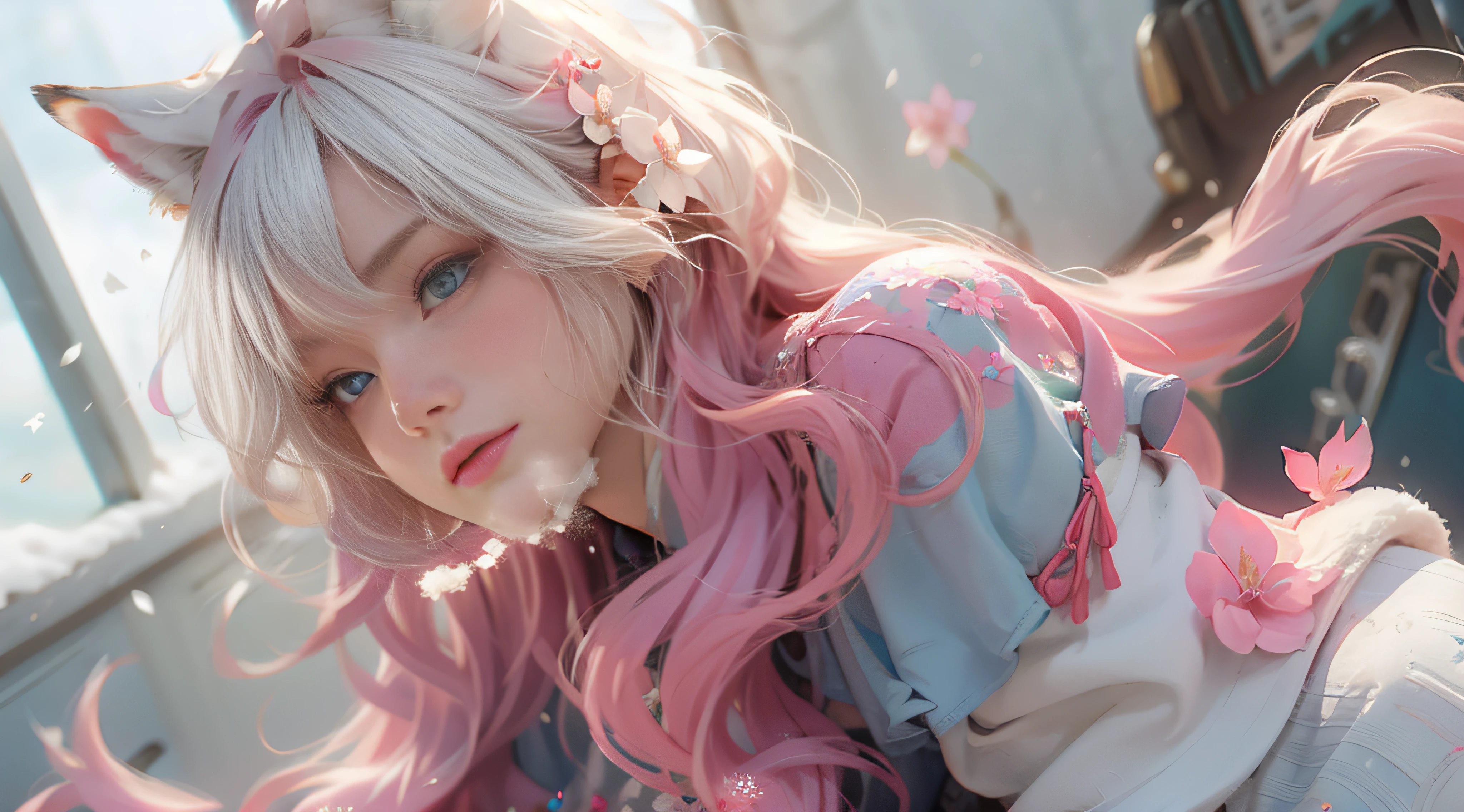 （（best qualtiy））， （（tmasterpiece））， （detail：1.4）， Beautiful cyberpunk female images，hdr（HighDynamicRange），Ray traching，NVIDIA RTX，Hyper-Resolution，illusory 5，sub surface scattering，PBR textures，post-proces，Anisotropy Filtering，depth of fields，maximum definition and sharpness，Many-Layer Textures，Albedo e mapas Speculares，Surface coloring，Mitsu-Accurate simulation of material interactions，perfectly proportioned，rendering by octane，Two-colored light，largeaperture，Low ISO，White balance，Rule three points、8K raw data、Beautiful bright blue pupils，off-the-shoulder clothes，Fine pupils，Delicate face and eyes，long eyelasher，Blushlush，Delicate and fluffy hair，pink lip，Pure，Cute face，Sweet girl，Artistic sense，Casual wear，Advancedsense，butterflys，Cherry blossom petal，Beautiful hair accessories，Long hair and waist，Hair fluttering in the wind，Snow-white fox ears，curlies，Snow-white fluffy tail，Positive light，The light from the back window is backlighted