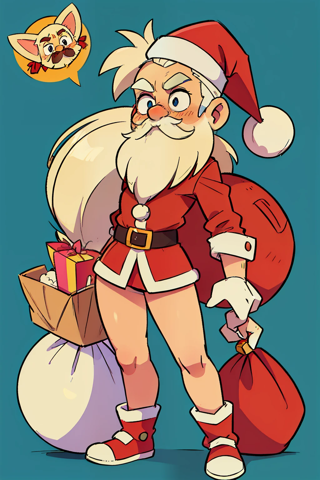 cartoonish style,santa,Bold lines,White hair,white mustache,Santa Claus drags a bag of presents,Whole body diagram