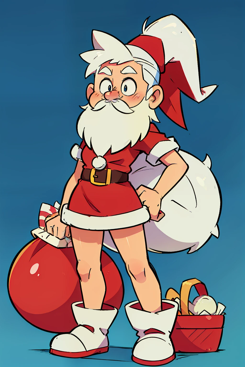 cartoonish style,santa,Bold lines,White hair,white mustache,Santa Claus drags a bag of presents,Whole body diagram