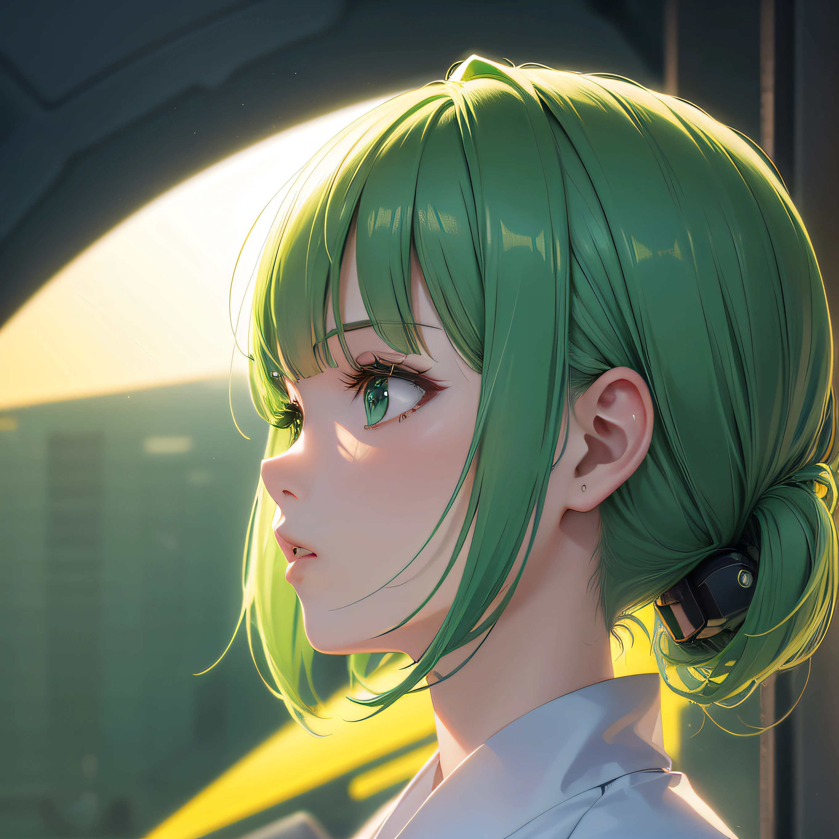 Profile picture green bangs hair man closeup Sci-Fi cute Anime Japan 2d Sharp focus 16k resolution Very sharp, Hyper detailed, 8k, Hyper realistic detail