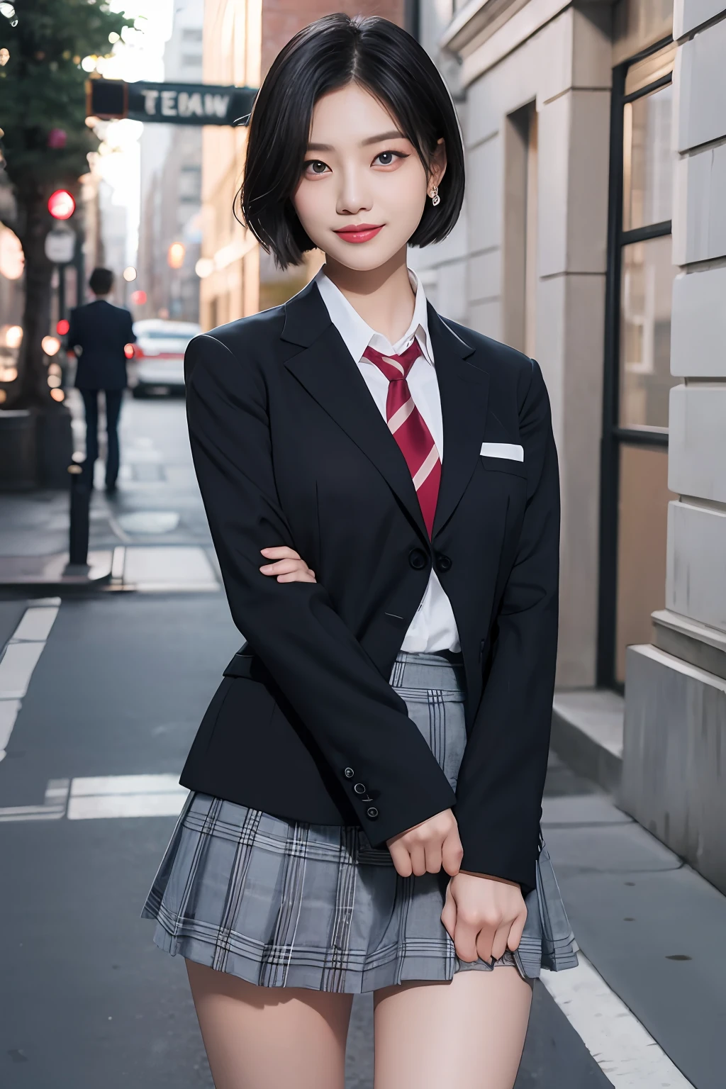 8K RAW photos, high resolution, 21 year old cool Korean, big round breasts, school uniform, tie, tie ribbon, blazer, skirt, beautiful eyes in detail, long eyelashes, beautiful double eyelids, eye shadow, slit eyes, sanpaku eyes, dark eye makeup, evil smile, beautiful thin legs, short hair tied at the back, earrings, night downtown