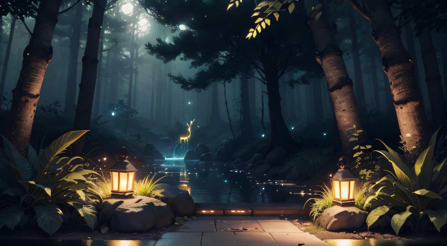 Masterpiece, best quality, (very detailed CG unity 8k wallpaper), (best quality), (best illustration), (best shadows), glow sprite, with a glowing deer, in the swimming pool Drinking water, natural elements in the forest theme. Mysterious forest, beautiful forest, nature, surrounded by flowers, delicate leaves and branches surrounded by fireflies (natural elements), (jungle theme), (leaves), (twigs), (fireflies), (particle effects) etc. 3D , Octane rendering, ray tracing, super detailed