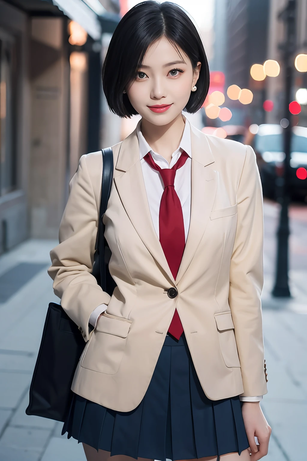 8K RAW photos, high resolution, 21 year old cool Korean, big round breasts, school uniform, tie, tie ribbon, blazer, skirt, beautiful eyes in detail, long eyelashes, beautiful double eyelids, eye shadow, slit eyes, sanpaku eyes, dark eye makeup, evil smile, beautiful thin legs, short hair tied at the back, earrings, night downtown