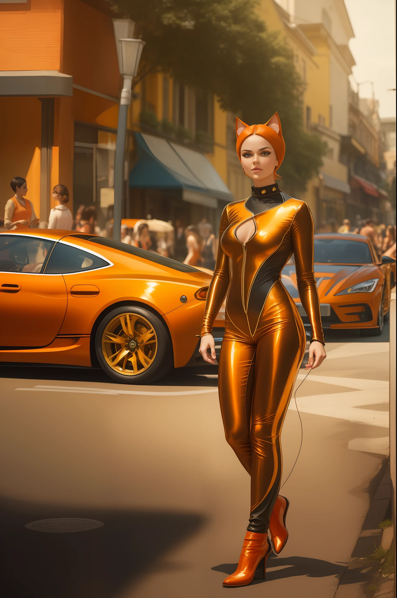 A captivating image of a young orange catwoman on a bustling summer street. Her attire reflecting her bewitching, gentle personality. The vibrant colors of the clothing and the gleaming surfaces of the behinde sports car add an element of speed and excitement. The background is blurred, emphasizing the young woman's beauty. wide aperture, standard lens, fast shutter speed