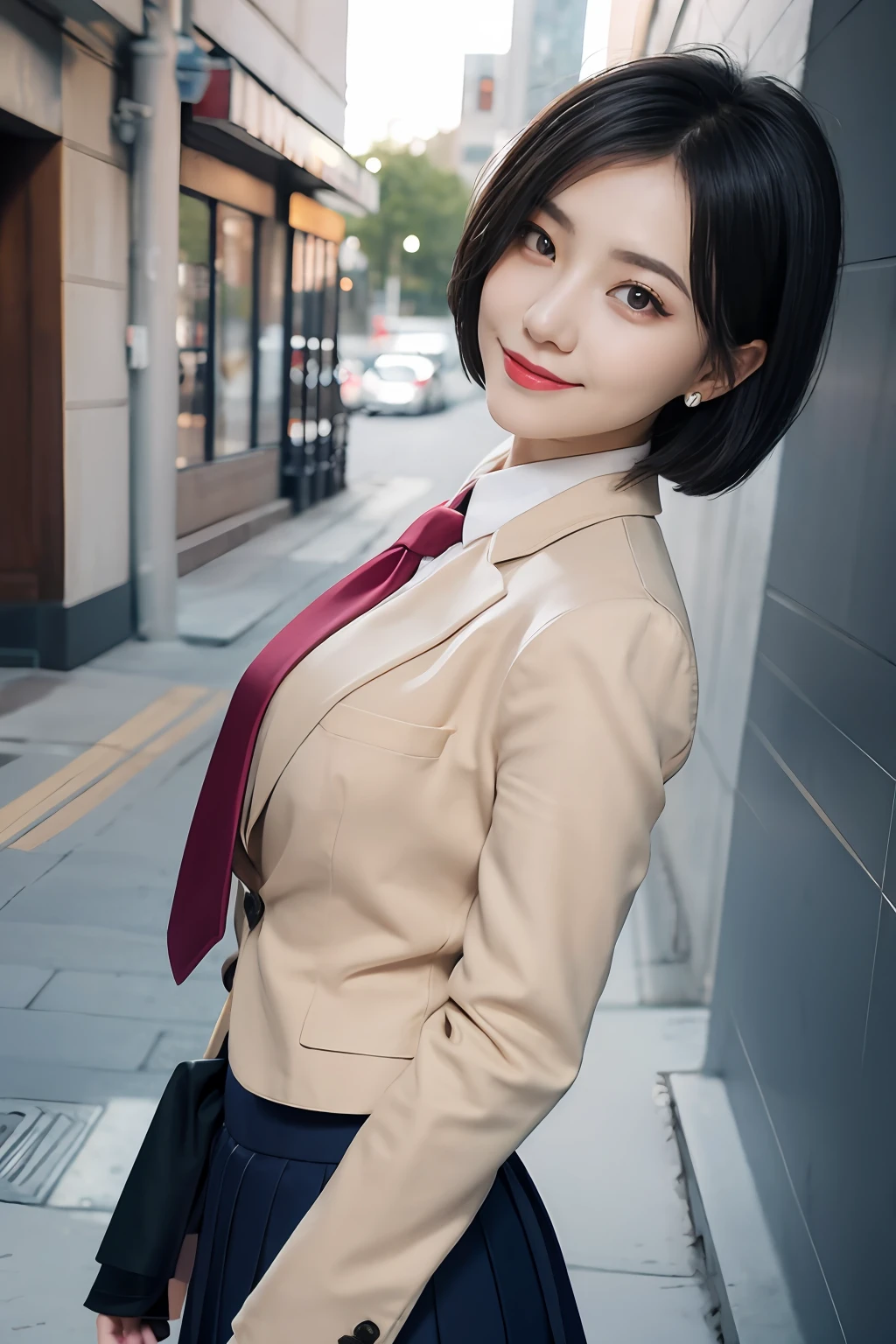 8K RAW photos, high resolution, 21 year old cool Korean, big round breasts, school uniform, tie, tie ribbon, blazer, skirt, beautiful eyes in detail, long eyelashes, beautiful double eyelids, eye shadow, slit eyes, sanpaku eyes, dark eye makeup, evil smile, beautiful thin legs, short hair tied at the back, earrings, night downtown