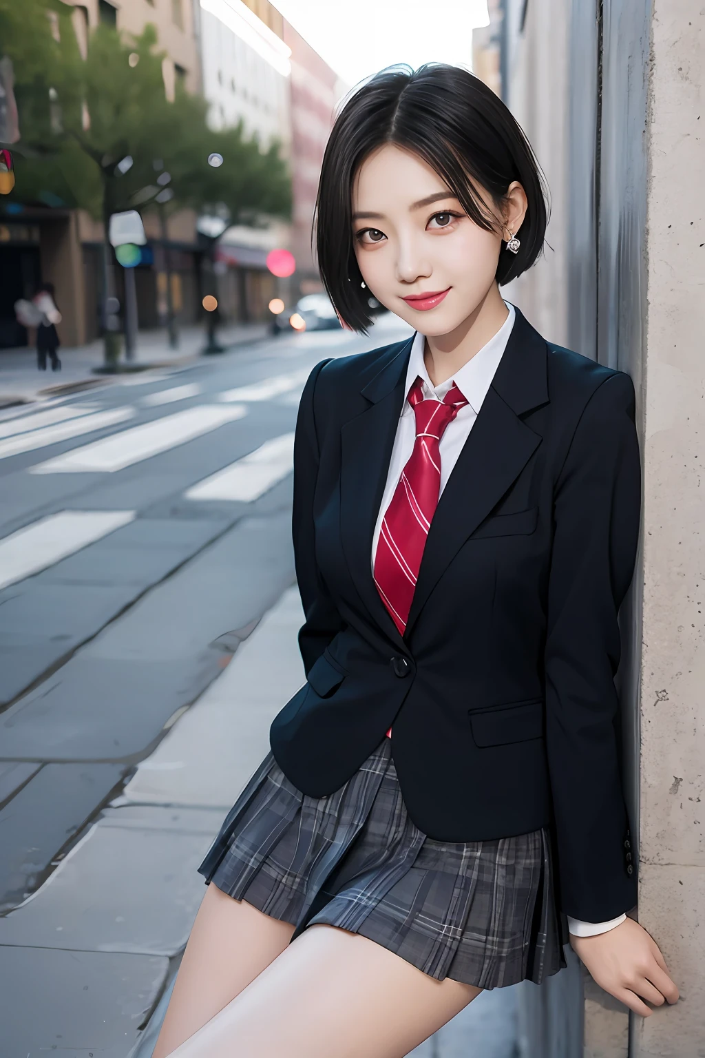 8K RAW photos, high resolution, 21 year old cool Korean, big round breasts, school uniform, tie, tie ribbon, blazer, skirt, beautiful eyes in detail, long eyelashes, beautiful double eyelids, eye shadow, slit eyes, sanpaku eyes, dark eye makeup, evil smile, beautiful thin legs, short hair tied at the back, earrings, night downtown