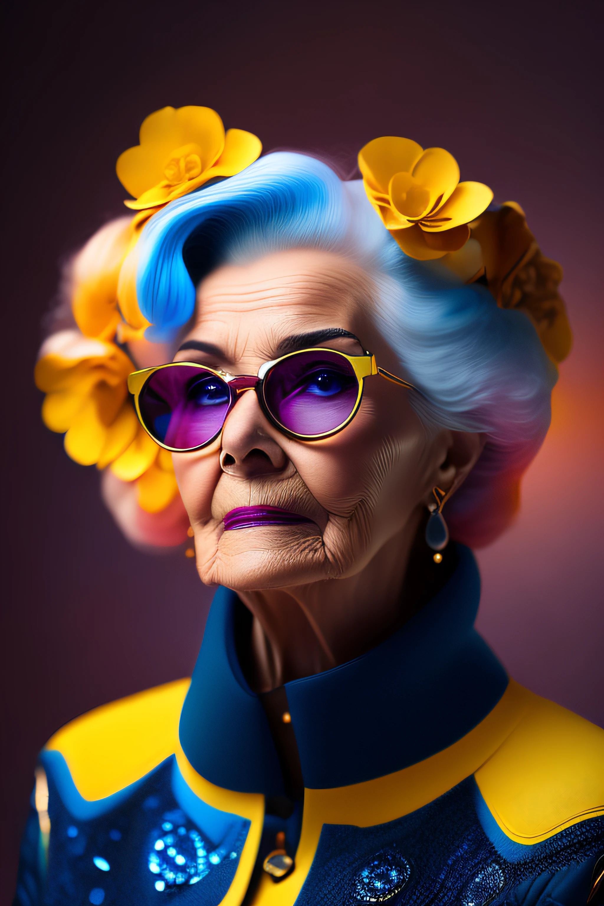 (fashionista portrait An older, elderly, European face, with yellow glasses, 1950s with intricate modern colorful bright vintage colored glasses), a photorealistic painting by Derek Zabrocki, hair with colorful flowers, expression would be, (extremely detailed digital photography: 1.2), standing in the middle of the city, (((full body)))), raw image,, Hasselblad, 50asa, f8, 12mm, glow effects,  godrays, hand-drawn, render, 8k, octane render, cinema 4d, blender, dark, atmospheric 4k ultra detailed, sensual cinematic, sharp focus, very serious illustration great depth of field, masterpiece, colors, 3d octane rendering, 4k, concept art, trend in artstation, hyperrealistic, vivid colors, rim light, extremely detailed CG 8k wallpaper unit, trend in ArtStation,  trend in CGSociety, Pop Art style by Yayoi Kusama, Intricate, High Detail, dramatic, pure energy, light particles, sci-fi