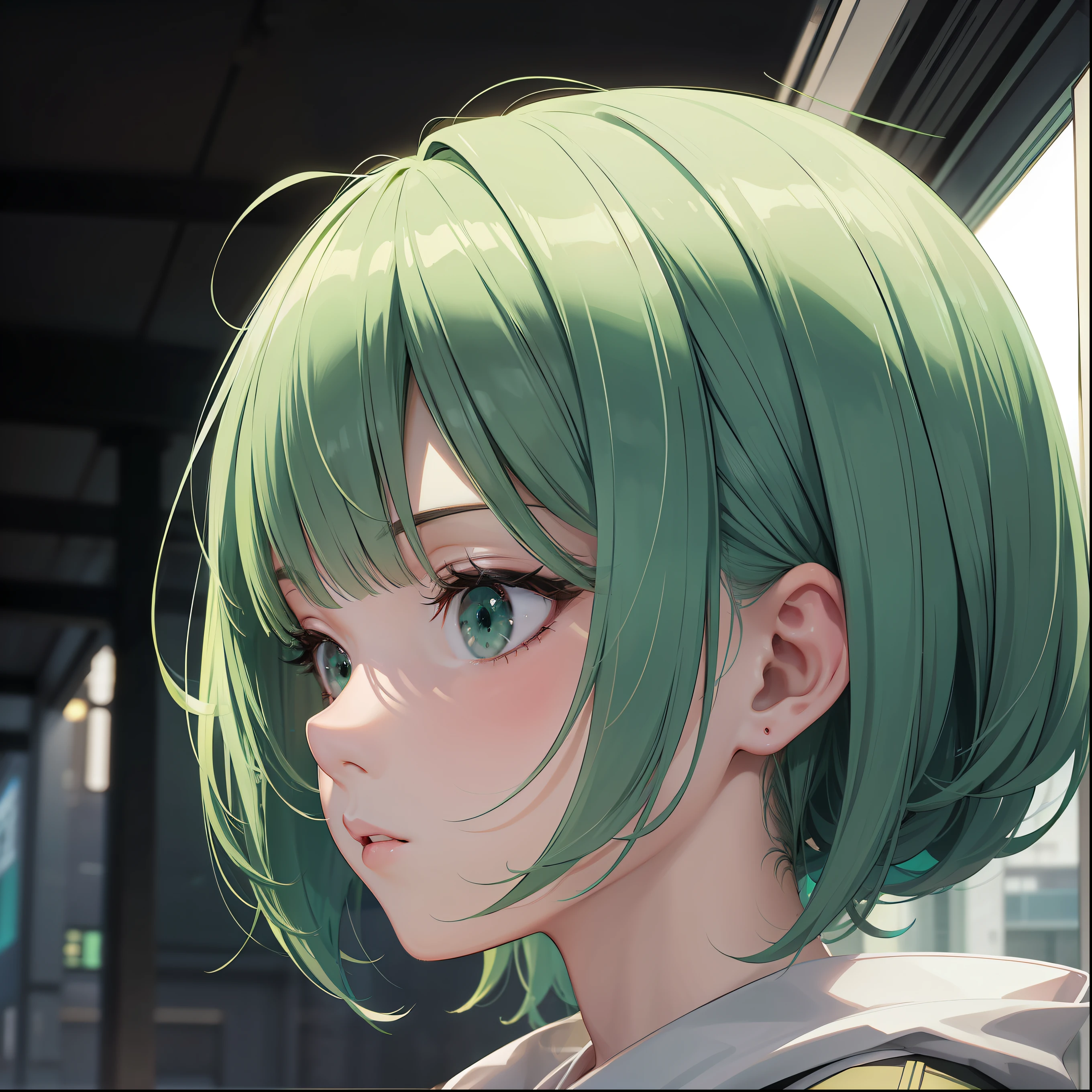 Profile picture green bangs hair man Sci-Fi cute Anime Japan 2d Sharp focus 16k resolution Very sharp, Hyper detailed, 8k, Hyper realistic detail
