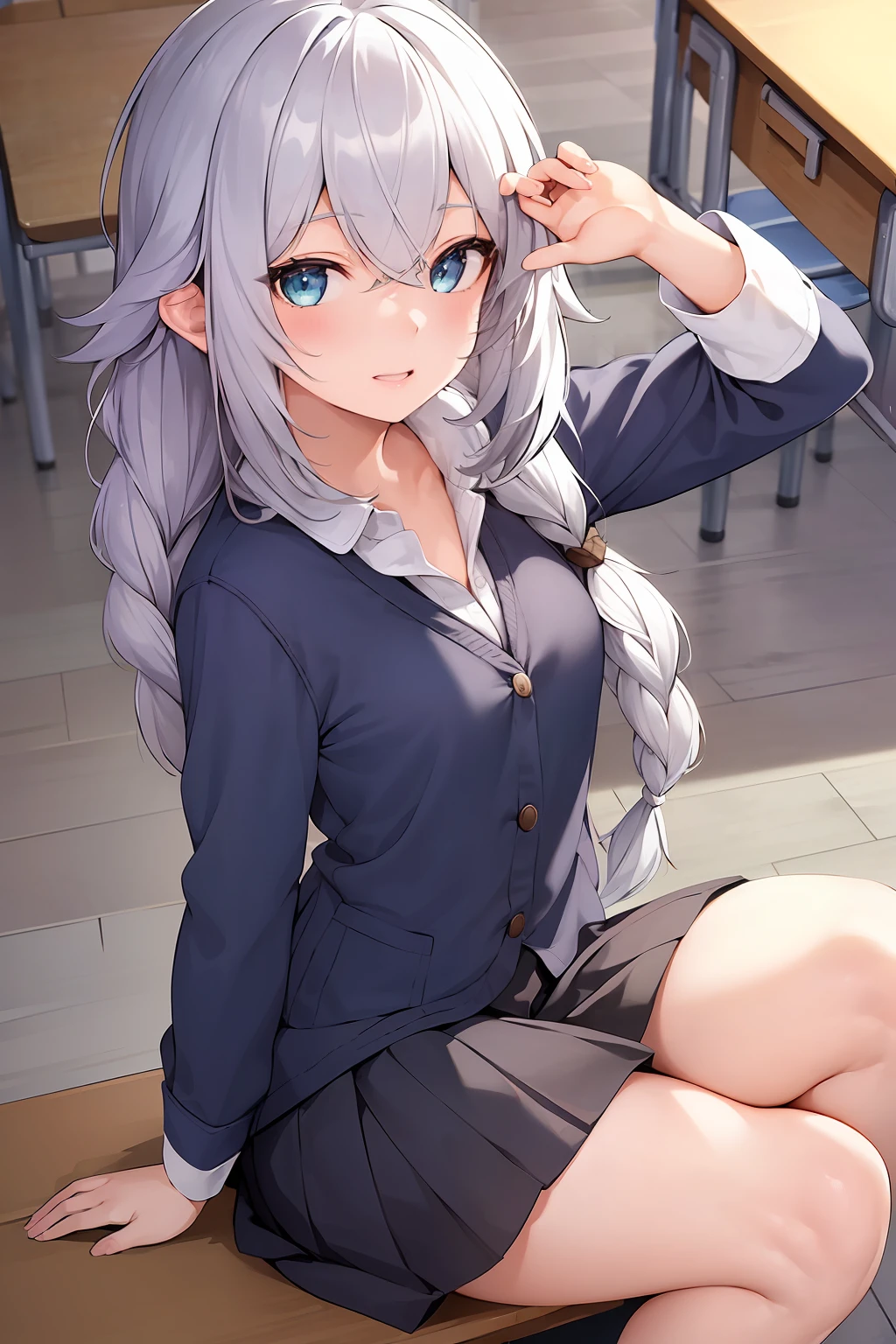 1girl,masterpiece, 8k,semi-realistic,4k,RTX,shaders,brilliant texture work, white hair, braided hair, school uniform, close up shot, in classroom