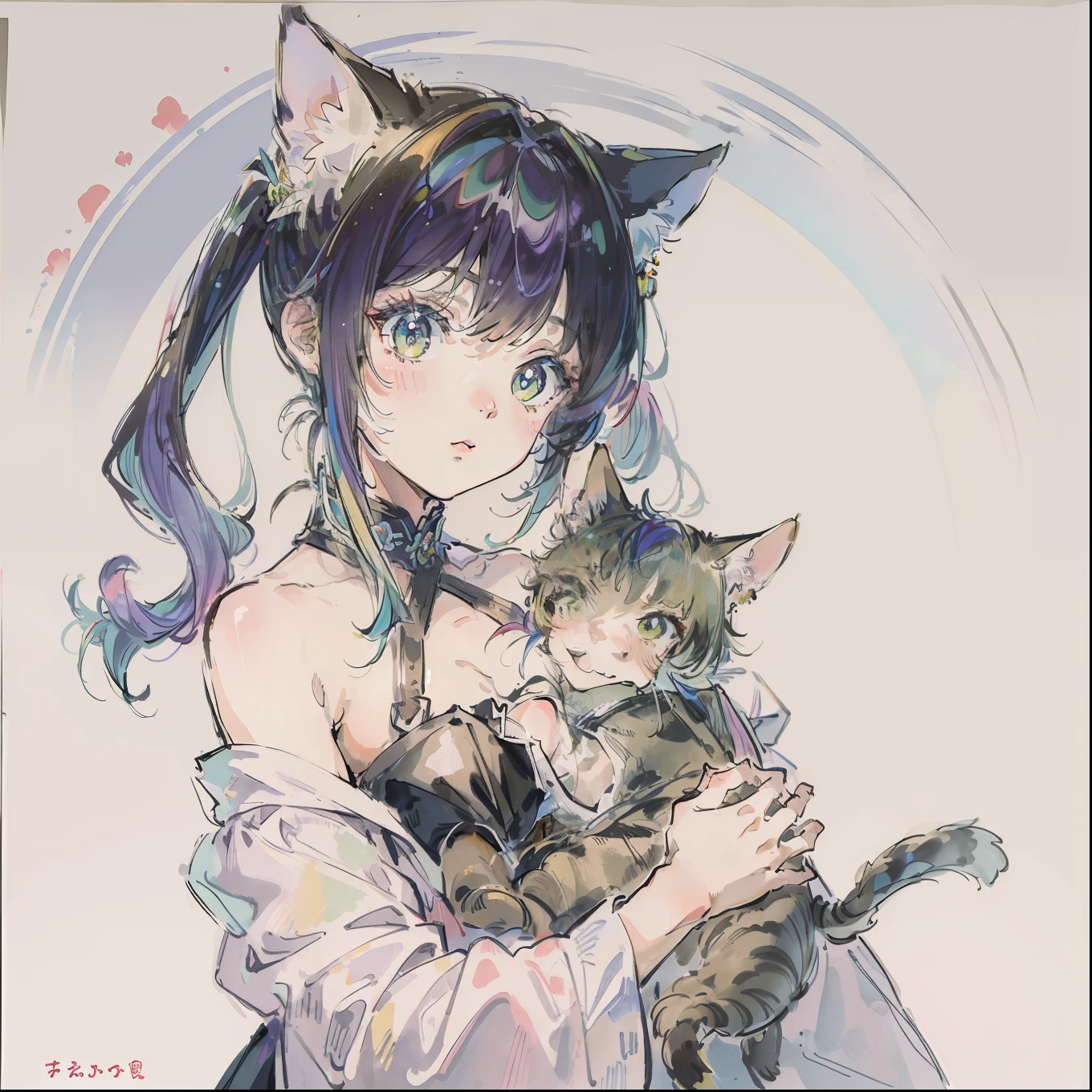 (top-quality、masterpiece)、A stunning、Take a cute cat、(rainbow-colored hair)、(Twin-tailed)