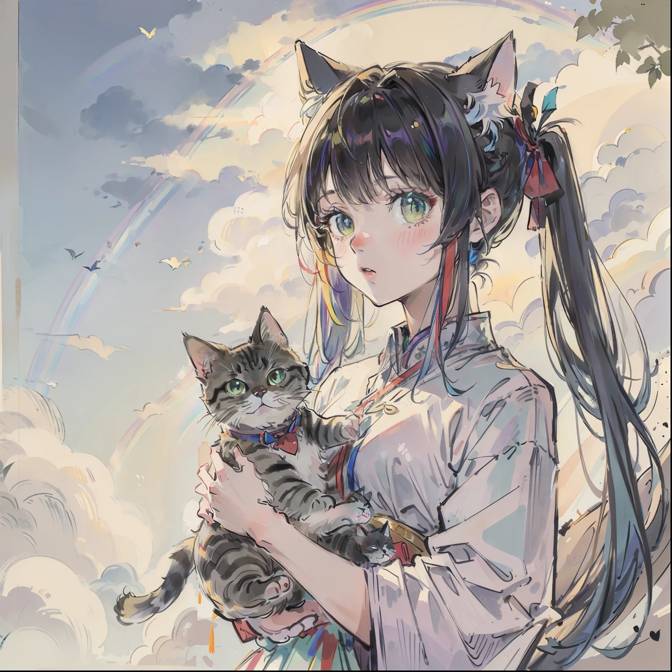 (top-quality、masterpiece)、A stunning、Take a cute cat、(rainbow-colored hair)、(Twin-tailed)