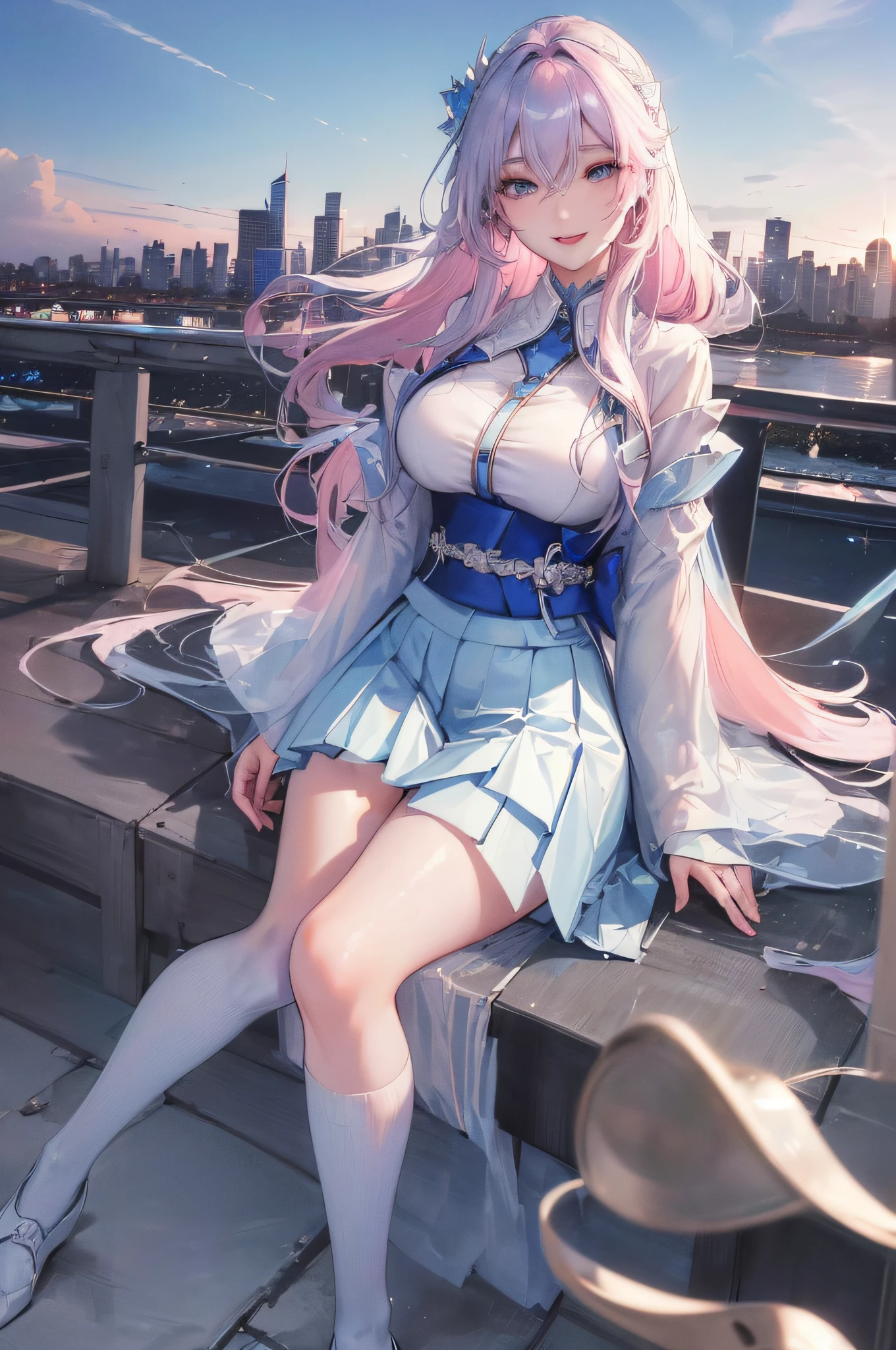 official art, masterpiece, sharp focus, (beautiful gorgeous cute Korean woman:1.3), (beautiful cute korean:1.3), korean beauty, Delicate and beautiful hair and eyes and face, realistic, ultra detailed, beautiful girl, blue sky, glow white particle, (sidelighting:1.2), sun light, white cloud, detailed clouds, slender, Lovely very large breasts and very large hips, smile with teeth, ((smile with eyes, open both eyes)), scenery, long straight hair, sexy facial expression, building, (cityscape:1.7), dynamic hair, long straight hair, detailed platinum pink hair, glow blue eyes, (blue pleated shirts + white skirt), white long socks, pale skin, hair ornament, epic scenery,