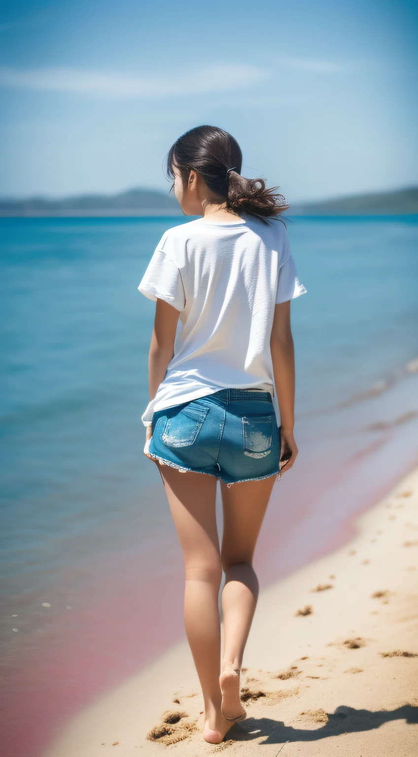 ((Lonely girl walking on sandy beach by blue sea:1.3))、((View from the toes:1.3))、((Back Style:1.2))、((View from the back:1.5))、((skin tanned:1.3))、((Windy:1.3))、((Bottoms wear shorts:1.2))、((wearing white t-shirts:1.3))、((Ultra-sharp image quality:1.3))、(masterpiece、top-quality) 、For clear images、Strong sunshine、absolutely outstanding image, very extremely beautiful、masterpiece, top-quality,Photos, kawaii、(Colossal tits:1.2)、((20 year old woman:1.2))、(The skin is reddened:1.3)、Young adorable Japan face, dewy skin, close up of face,, soft portrait shot 8 k, If々Shishi Japan girl realistic young idol、Young cute gravure idol、Young Sensual Gravure Idol、Young gravure idols、model in Japan