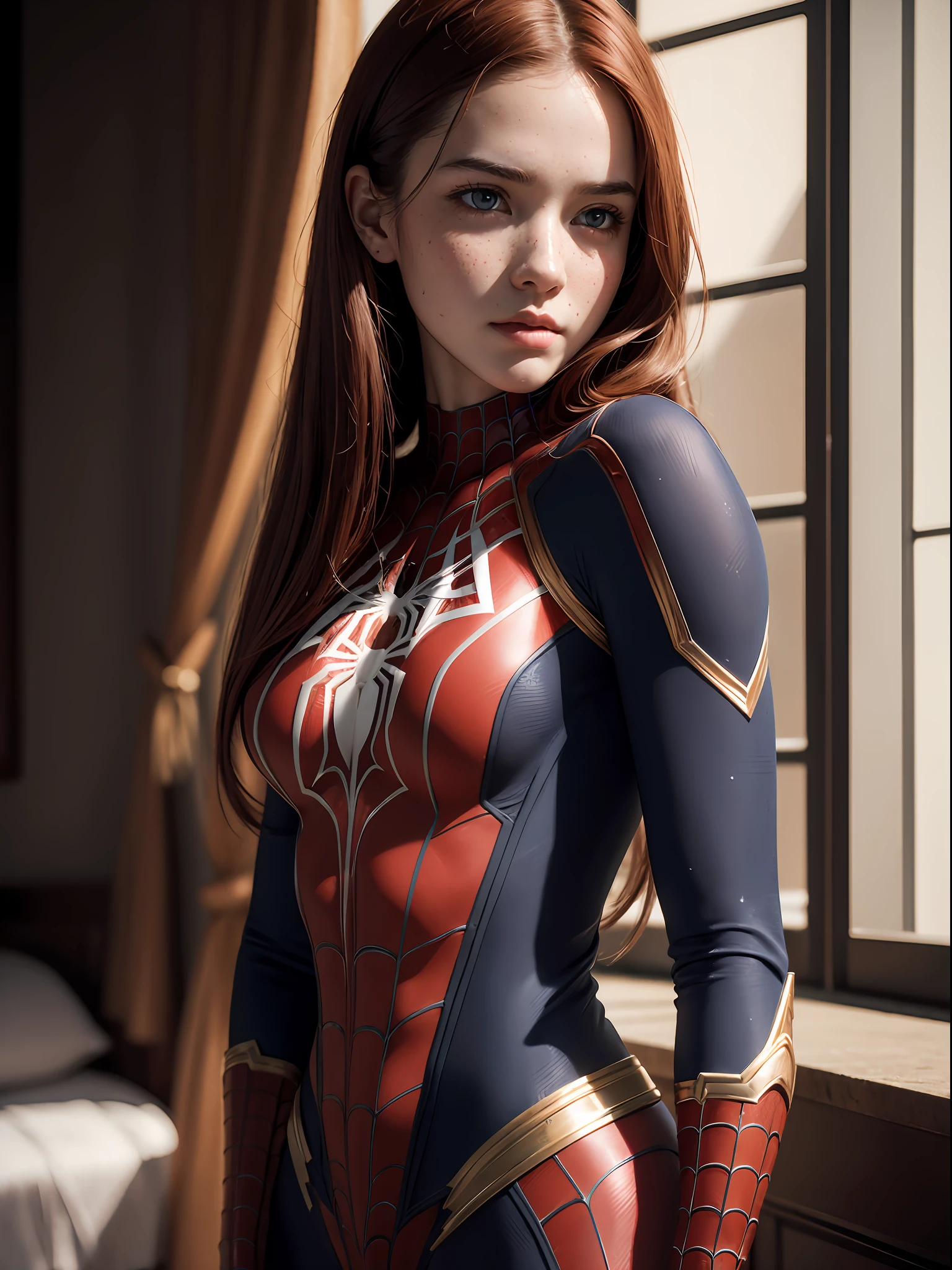 extremely detailed CG,UHD wallpaper, Extreme details,(realistic:1.2),(((best quality))), ((ultra-detailed)), (cute detailed face:1.2), {{highly detailed face}},beautiful and aesthetic,1girl,(masterpiece:1.4),glowing skin,dramatic shadows, intense shadows, SIGMA 35mm F1.4, ISO 200 Shutter Speed 2000,Photorealism,{photorealistic}, photogenic, Girl, finely detailed,HIGH RES, {{intricate detail}},(((beautiful detailed lighting))),beautiful detailed colorful eyes, best quality, 1girl, masterpiece, best quality, 8k, detailed skin texture, detailed cloth texture, beautiful detailed face, intricate details, ultra detailed, european youth, european beauty, Spider-Man uniform, straight red hair, freckles, walk on all four, from back, sfw, erotism,
