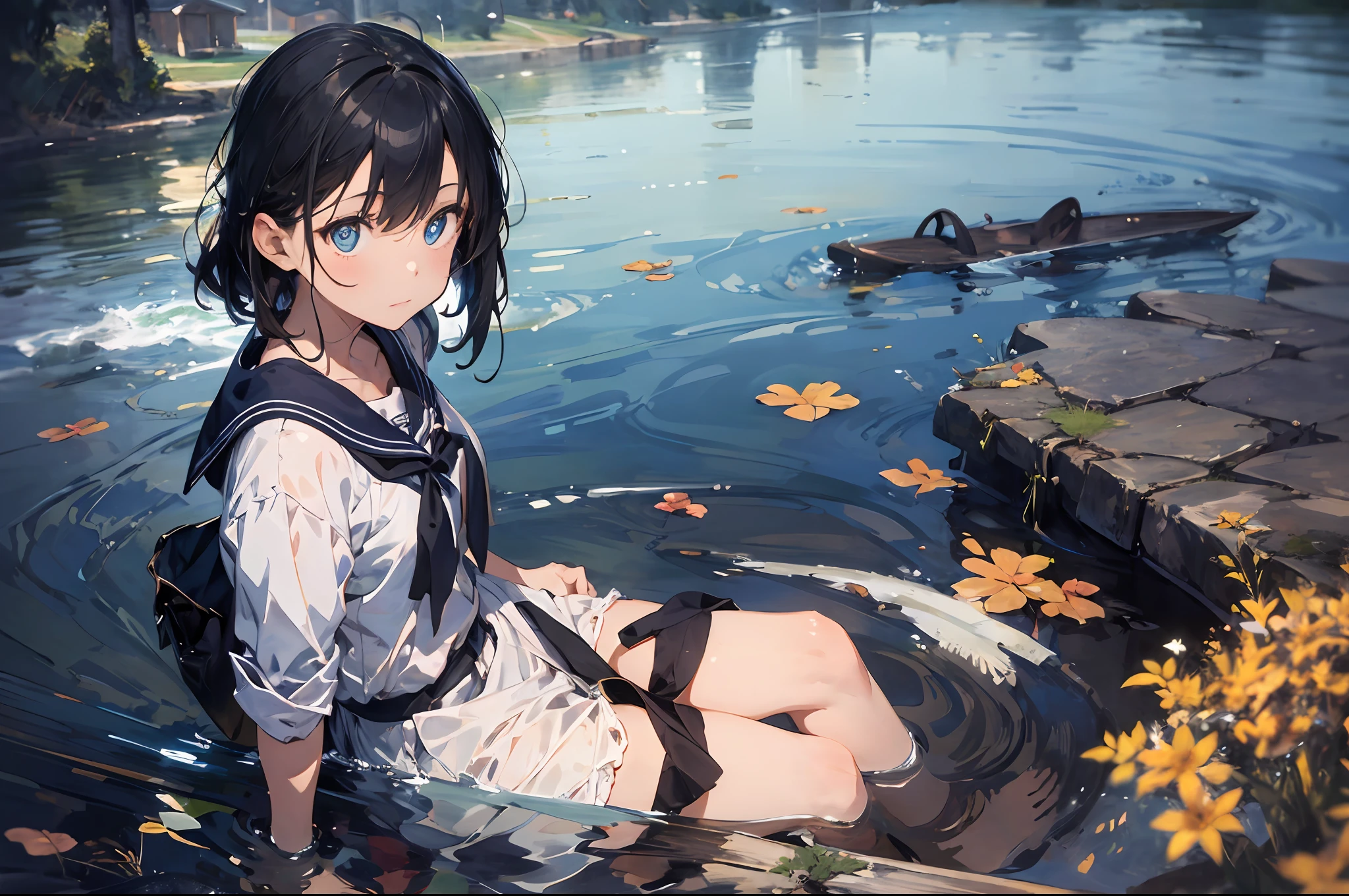 a girl, sitting on, sailor suits、Side Shot, (deserted:1.3), (巨作, Top Quality, Near and far law, Depth-of-field:1.5), the clouds, seas, beautifull face, thights, from below view, 8K, Raw foto, absurdist, impressionists, (Tom Thomson, Claude Monet, Joaquin Sorolla, James Wilson Morris, Jon Fabian Aluson, Hugh Henry Breckenridge:0.8), skhp, photorealestic, film grains, Color Aberration, alta resolução, ultra detaild, finelydetail, dynamic lighting, Dramatic lighting、shadowy、Sharp focus、Very detailed eyes and face、Sharp pupils、Realistic pupils