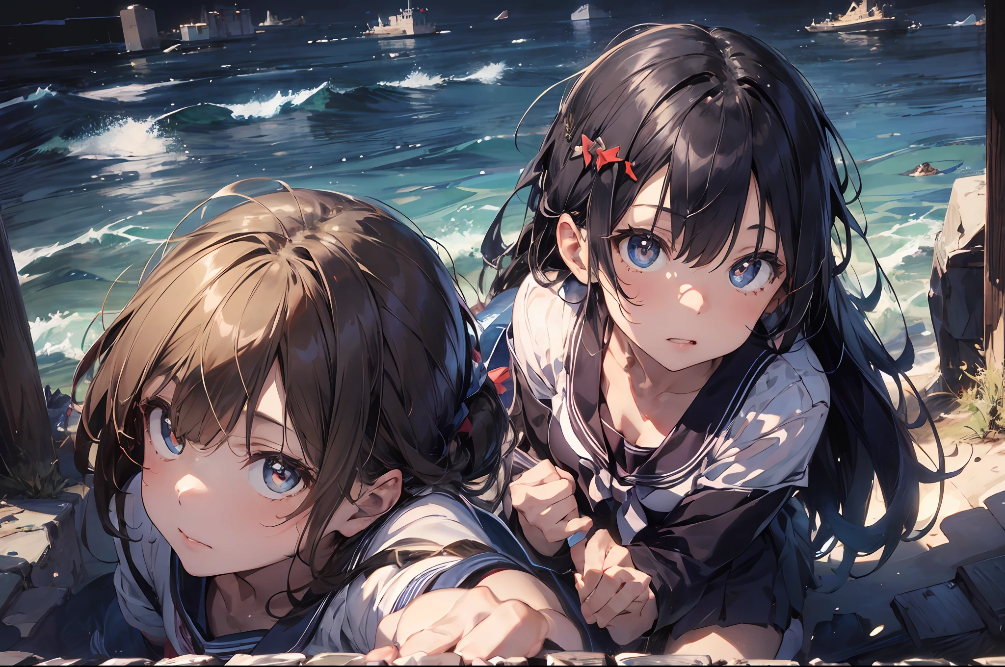 a  girl, sitting on, sailor suits、Side Shot, (deserted:1.3), (巨作, Top  Quality, Near and far law, Depth-of-field:1.5), the clouds, seas, beautifull face, thights, from below view, 8K, Raw foto, absurdist, impressionists, (Tom Thomson, Claude Monet, Joaquin Sorolla, James Wilson Morris, Jon Fabian Aluson, Hugh Henry Breckenridge:0.8), skhp, photorealestic, film grains, Color Aberration, alta resolução, ultra detaild, finelydetail, dynamic  lighting, Dramatic lighting、shadowy、Sharp focus、Very detailed eyes and face、Sharp pupils、Realistic pupils