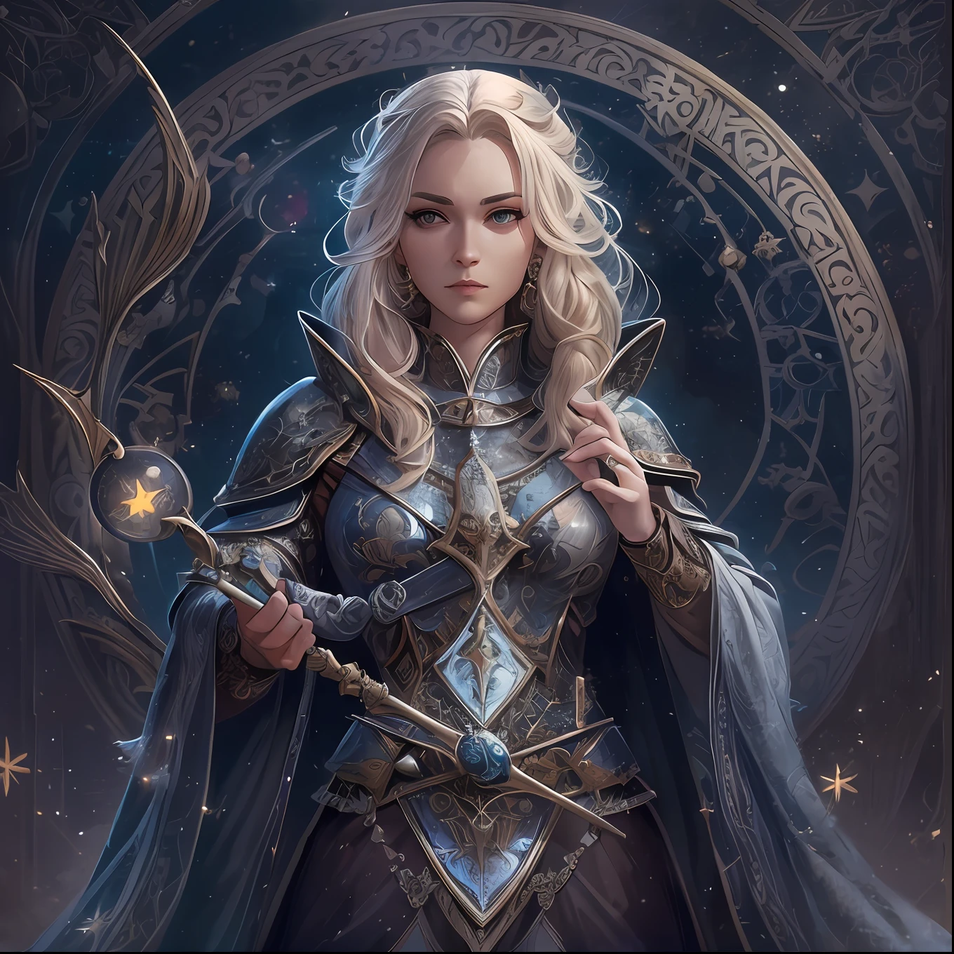 high details, best quality, 8k, [ultra detailed], masterpiece, best quality, (extremely detailed), dynamic angle, ultra wide shot, photorealistic, fantasy art, dnd art, rpg art, realistic art, an ultra wide picture of female human cleric, holding a spear, black cloak, black robe (1.5 intricate details, Masterpiece, best quality), holy symbol casting a spell, white magical sigils (1.5 intricate details, Masterpiece, best quality), wearing black armor, plate mail armor, stars and moon symbol, blue light from symbol, blond hair (1.5 intese details, Masterpiece, best quality), braided hair, small pointed eard, intense eyes, green eyes, female human (1.5 intricate details, Masterpiece, best quality) fantasy temple background, moon and strars background, ((divine worship atmosphere)), moon light high details, best quality, highres, ultra wide angle