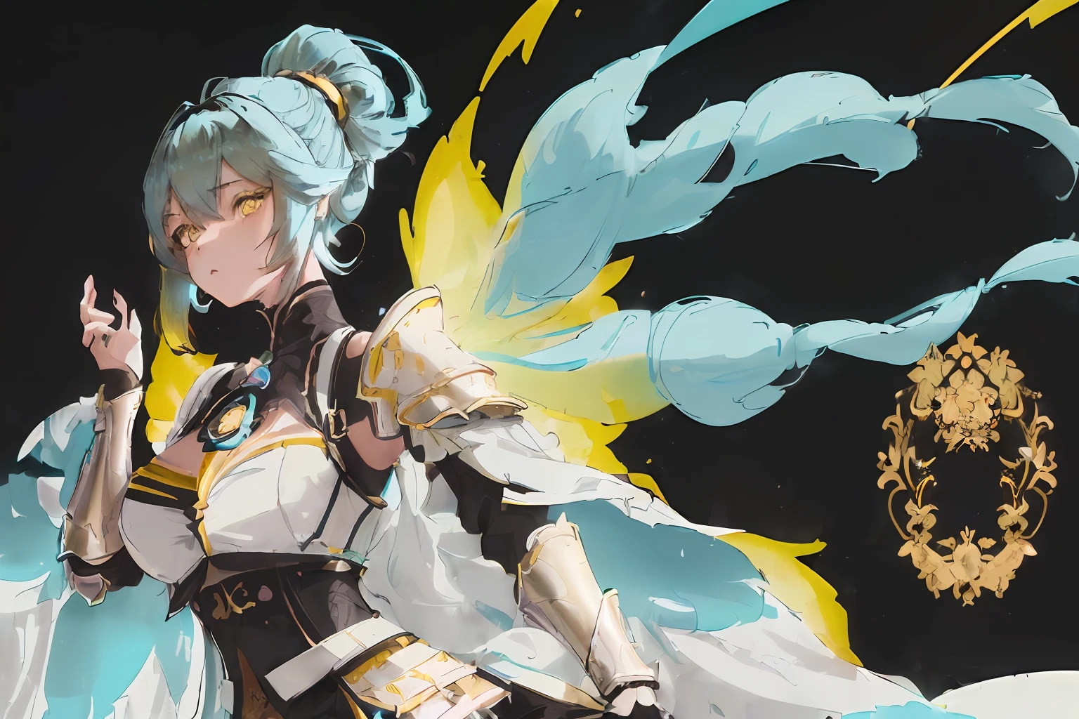 GenshinAvatar, ((full body)), (a woman with poofy short cyan hair and yellow eyes:1.4), highly_detailed, illustration, portrait, (((masterpiece))),(((bestquality))), (black_background:1.4), simple_background, highly intricate accessories, highly intricate clothes, white dress, gold trim, Lightblue hair, bright color, earrings, armor, shoulder armor, hairband, fear expression