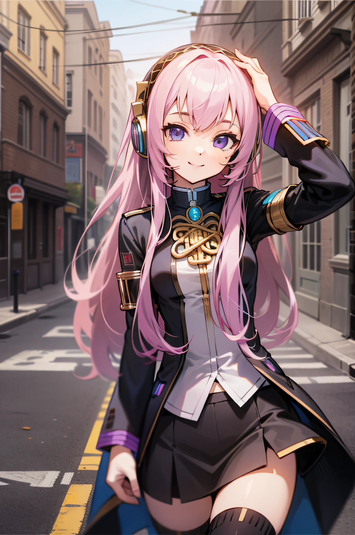 (masterpiece, best quality:1.2), solo, 1girl, megurine luka, smile, looking at viewer, headphones, lukadef, pelvic curtain, black thighhighs,street, purple eyes