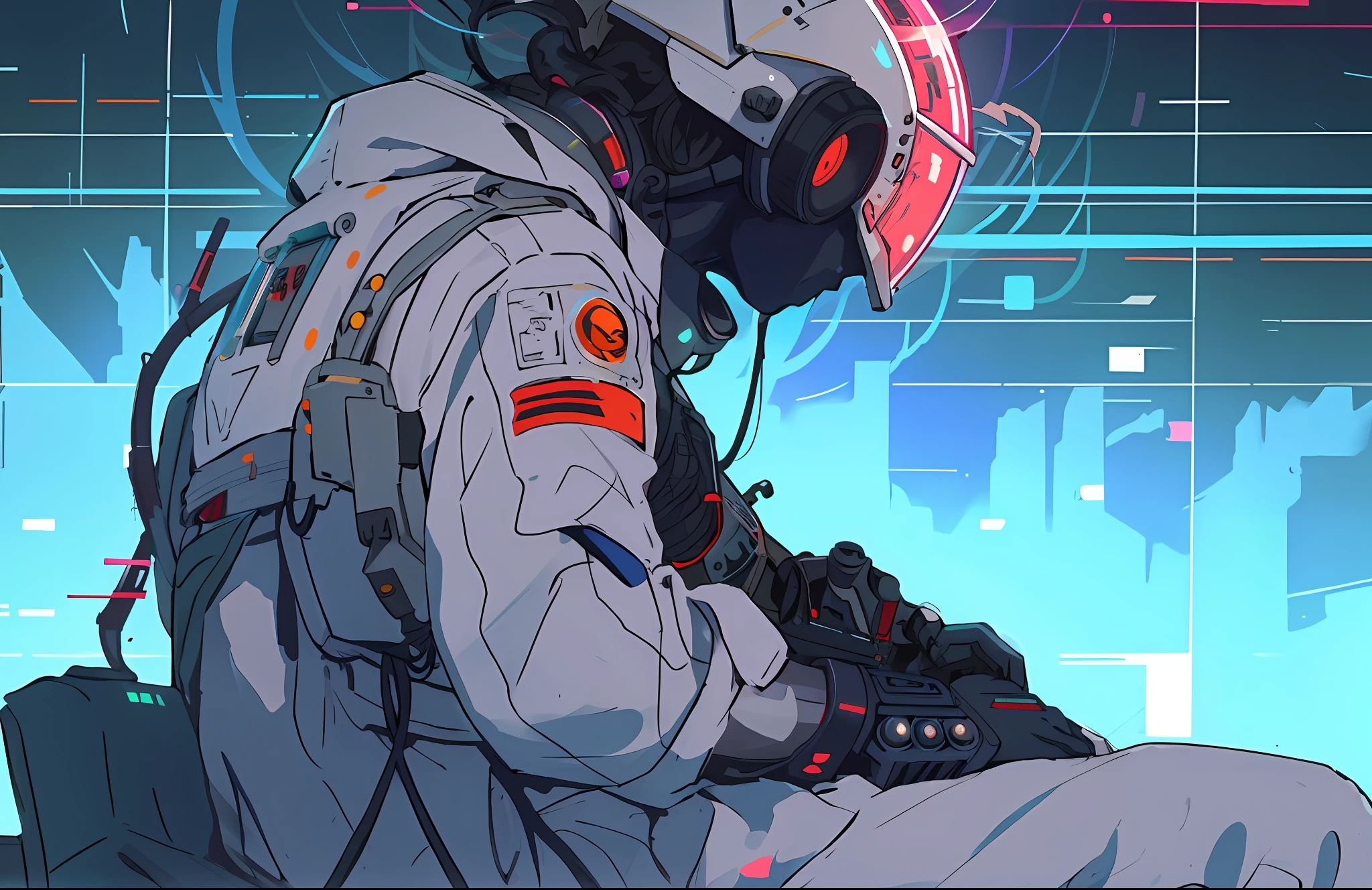 Anime - Stylistic illustration of a man sitting in a chair in a spacesuit, Astronaut Cyberpunk Electric, Cyberpunk art style, cyber space cowboy, Digital cyberpunk anime art, anime cyberpunk art, anime mecha aesthetic, digitl cyberpunk - anime art, cyberpunk anime art, futuristic art style, cyberpunk theme art, Advanced digital cyberpunk art, high quality cyberpunk art, cyberpunk artstyle