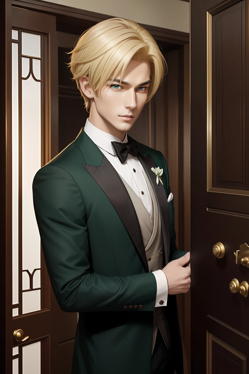 （​masterpiece）8K分辨率、top-quality、Handsome butler man greets the Lord at the entrance of the mansion、blonde pixie cut、green colored eyes、Model style、Say hello、elegent、anime styled
