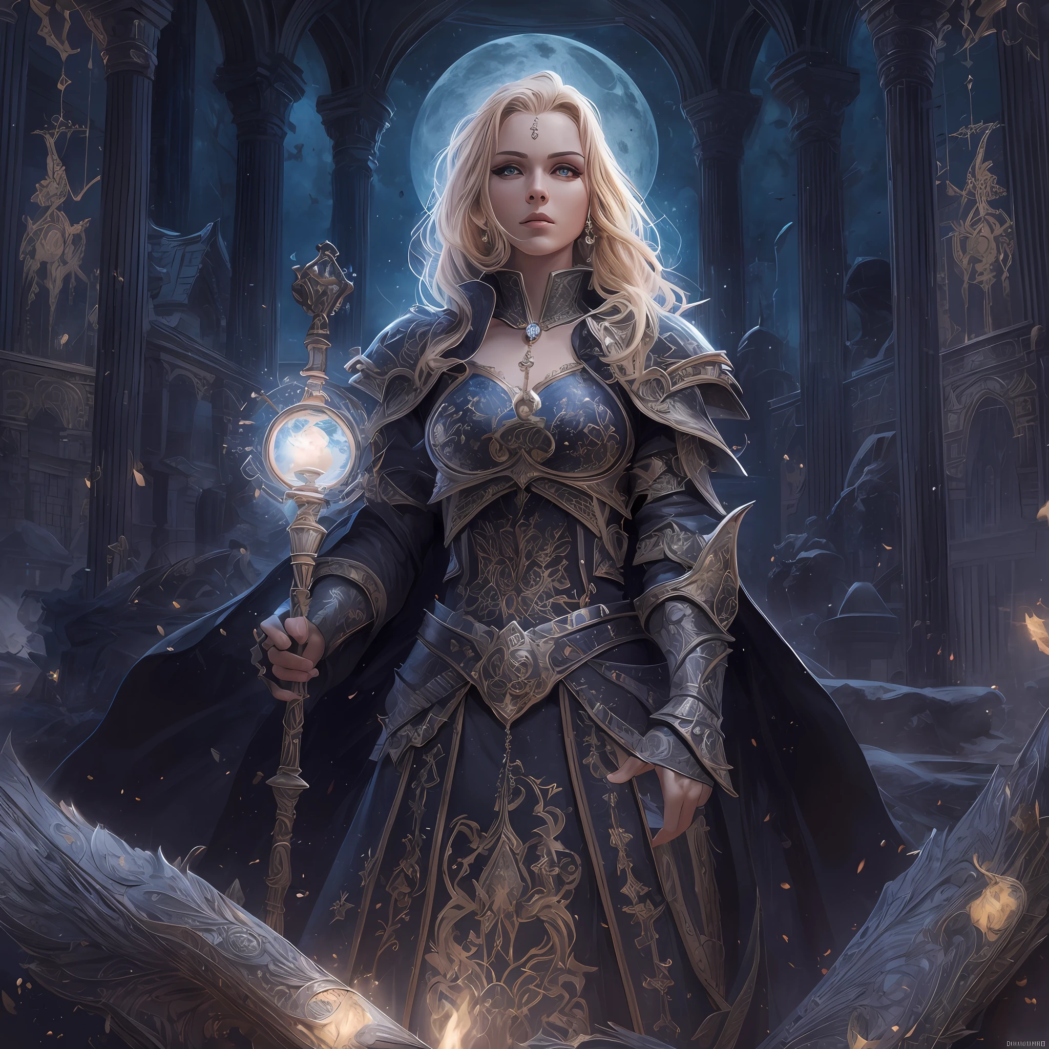 high details, best quality, 8k, [ultra detailed], masterpiece, best quality, (extremely detailed), dynamic angle, ultra wide shot, photorealistic, fantasy art, dnd art, rpg art, realistic art, an ultra wide picture of female human cleric, holding a spear, black cloak, black robe (1.5 intricate details, Masterpiece, best quality), holy symbol casting a spell, white magical sigils (1.5 intricate details, Masterpiece, best quality), wearing black armor, plate mail armor, stars and moon symbol, blue light from symbol, blond hair (1.5 intese details, Masterpiece, best quality), braided hair, small pointed eard, intense eyes, green eyes, female human (1.5 intricate details, Masterpiece, best quality) fantasy temple background, moon and strars background, ((divine worship atmosphere)), moon light high details, best quality, highres, ultra wide angle