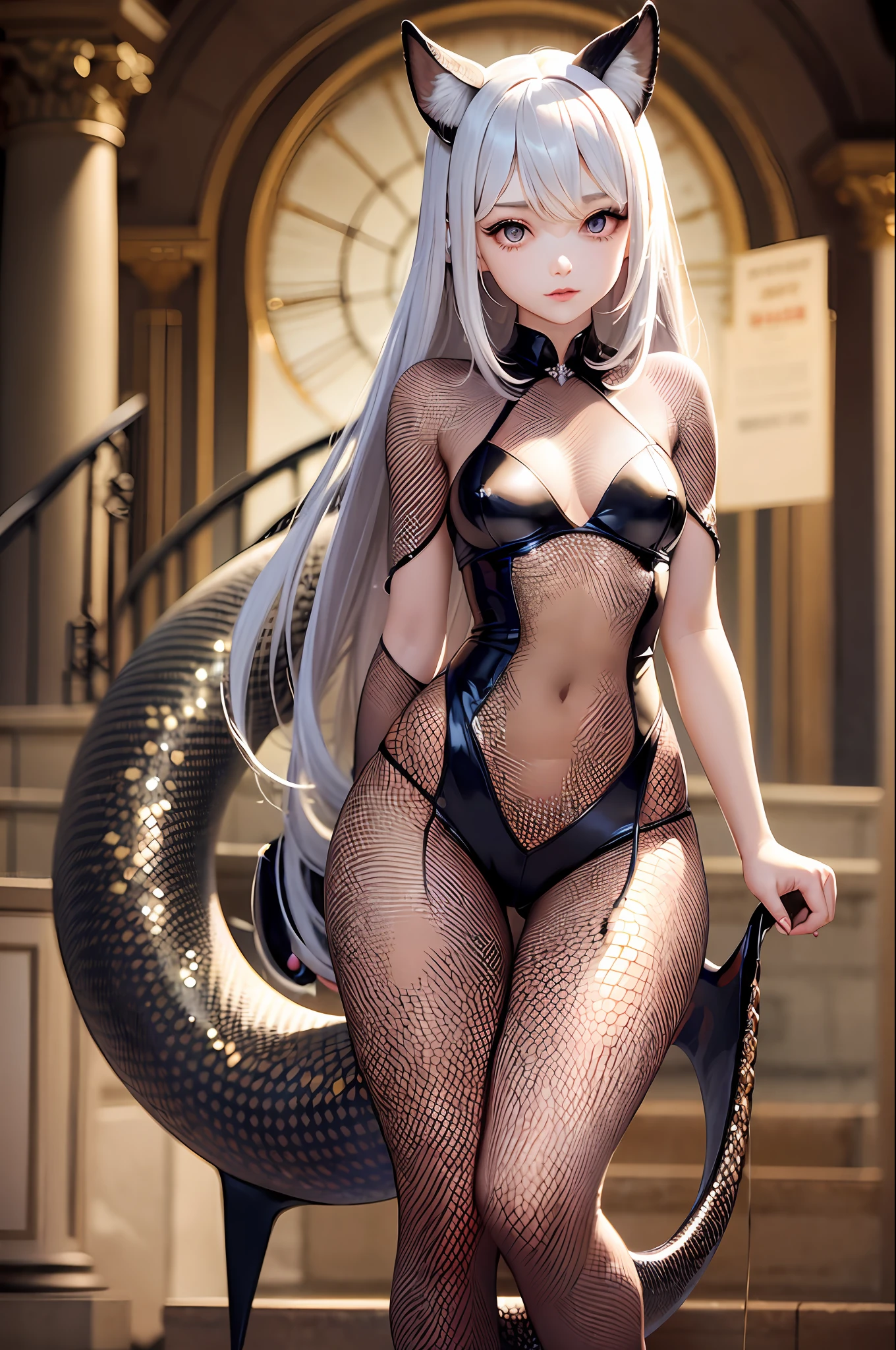 1girl, lamia, scales, white shirt, full body, Original Character, Volumetric Lighting, Best Shadows, Shallow Depth of Field, Stunningly Beautiful Girl, Petite, Delicate Beautiful Attractive Face