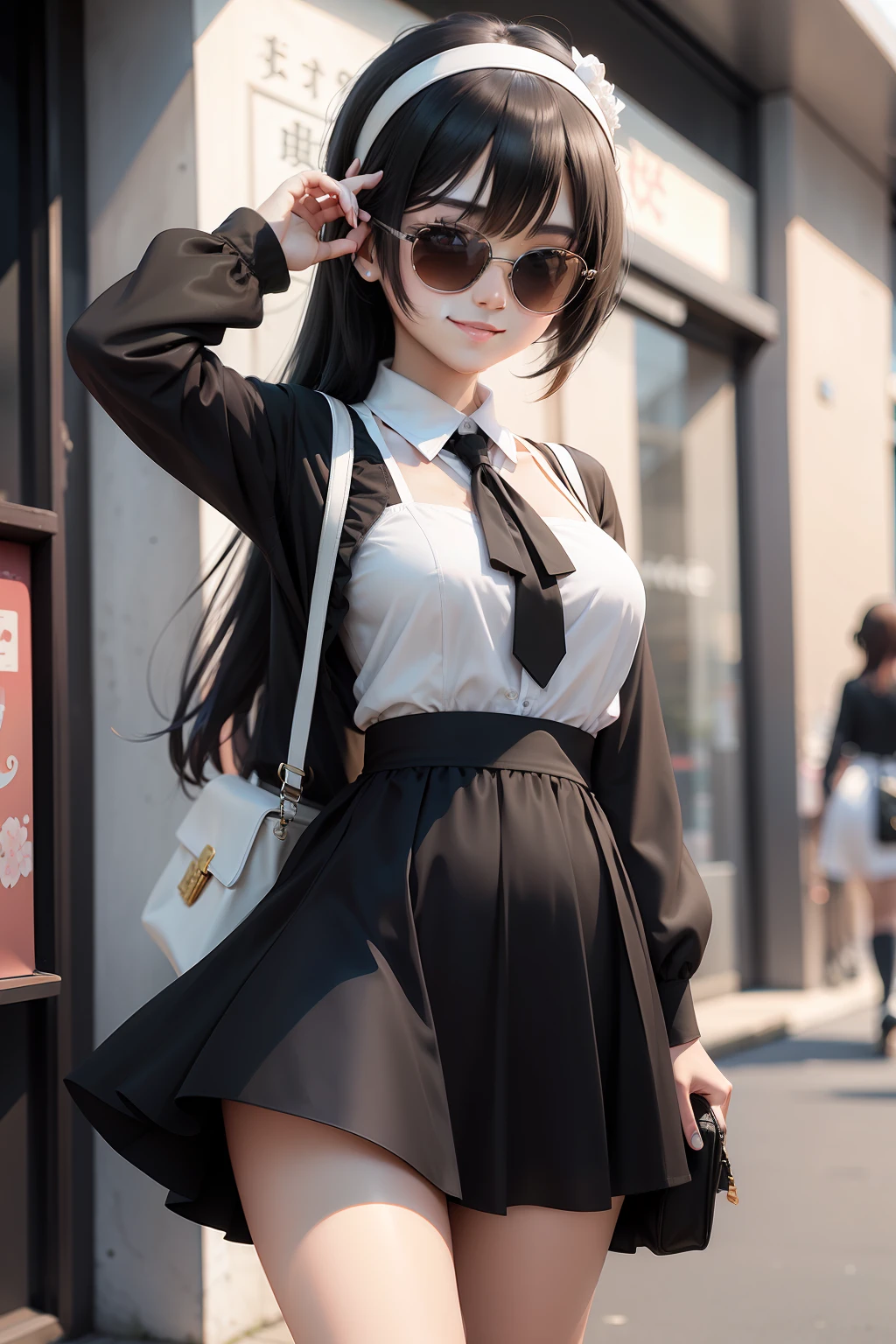 anime moe art style,ChineseGirl，White headband，Black round sunglasses，black color dress，With a smile，White collar