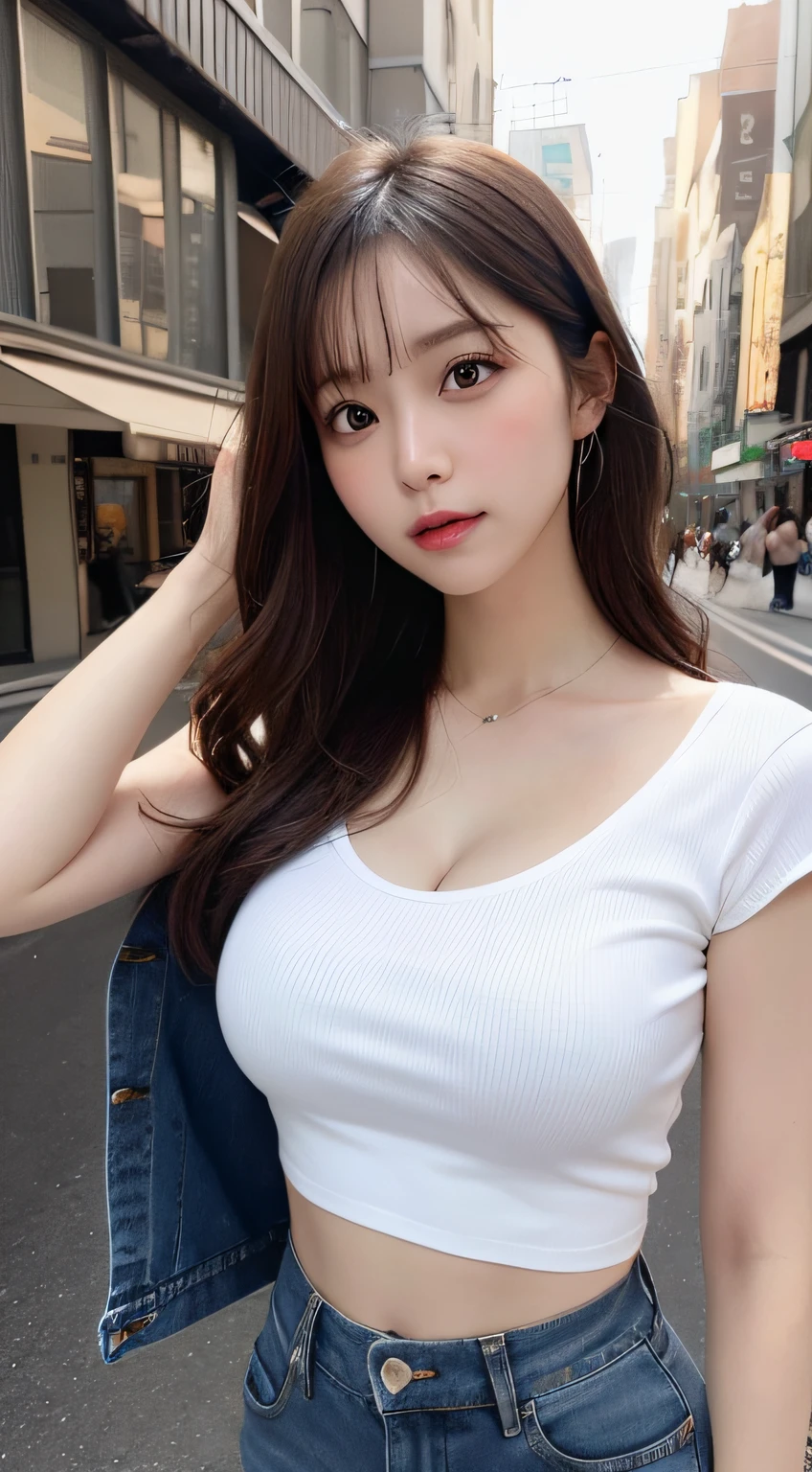masutepiece, Best Quality, Illustration, Ultra-detailed, finely detail, hight resolution, 8K Wallpaper, Perfect dynamic composition, Beautiful detailed eyes, Natural Lip, white t-shirts , Short denim pants , Big breasts, cleavage, Full body, navel-baring
