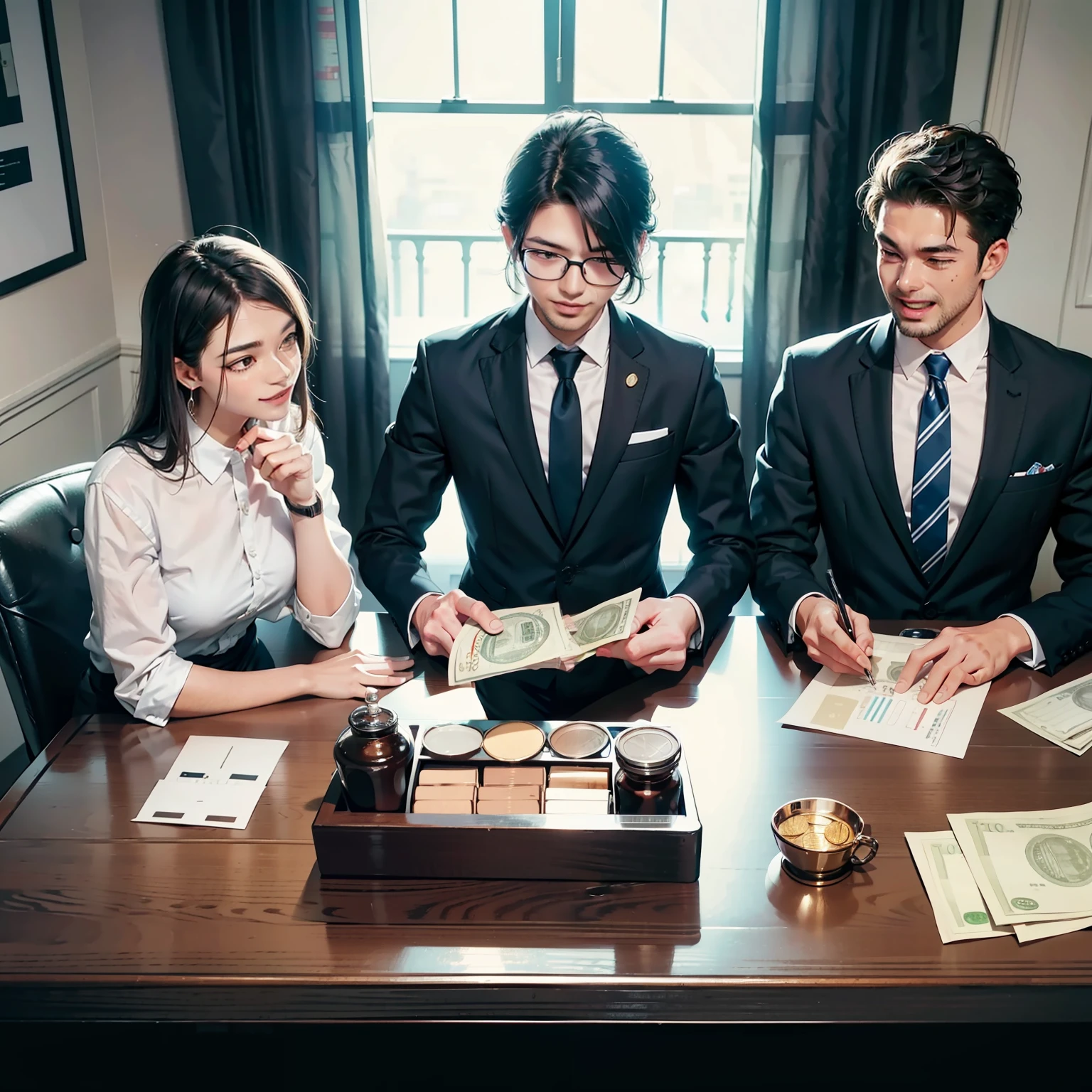3 bankers got together to count money，Everyone's expression was happy