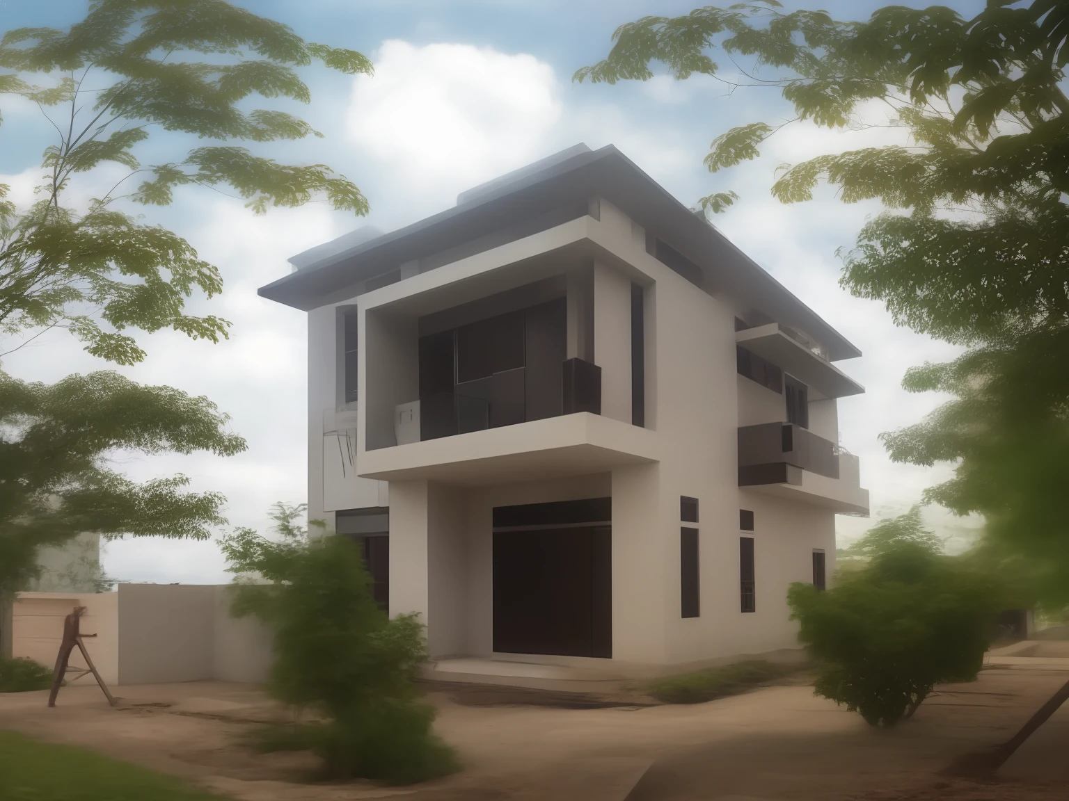 house under construction, brick and concrete wall, realistic builder, gradient,street, tree best quality, construction workers are working on a house under construction
