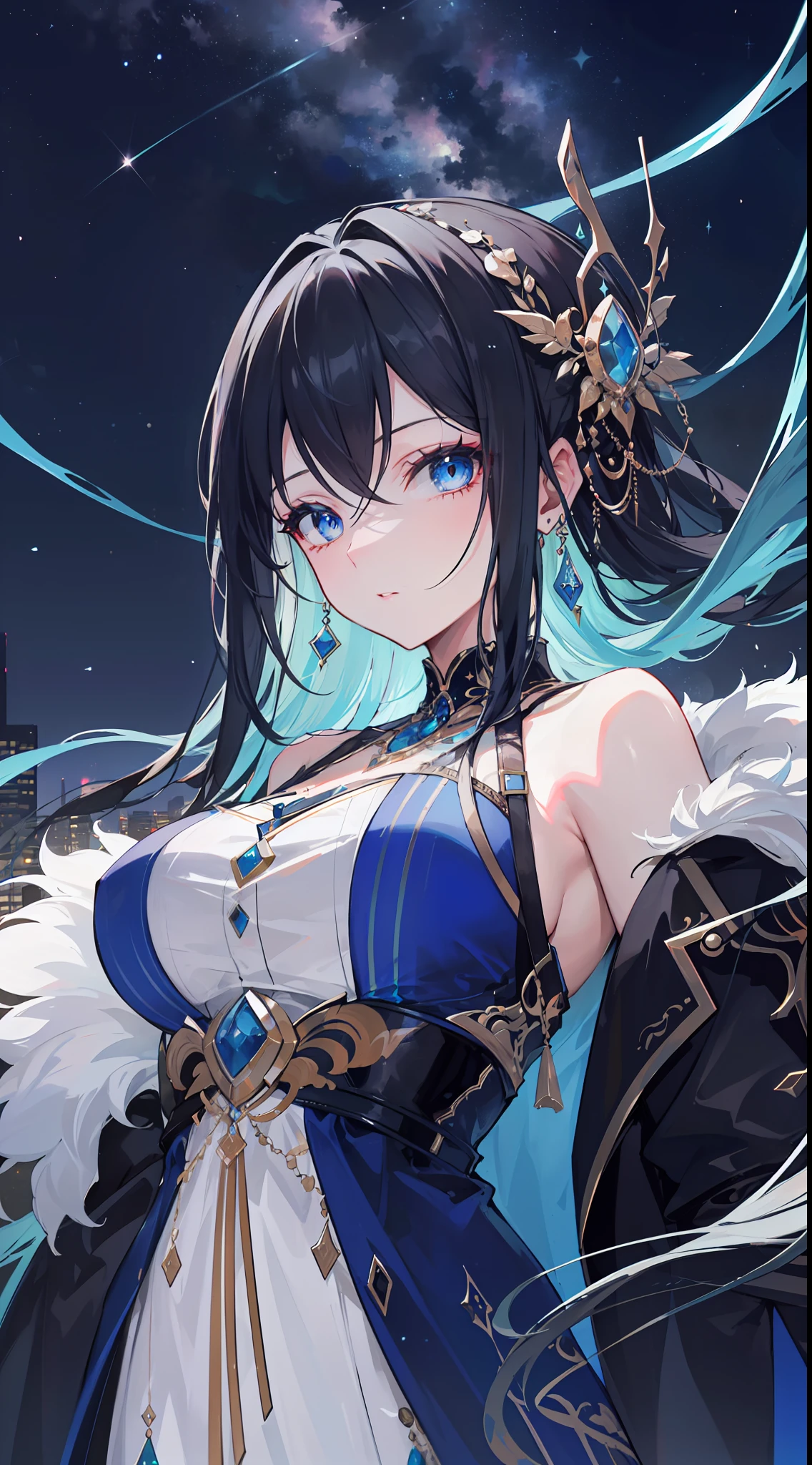 "Epic nightsky of a futuristic city filled with symphonies and music; a stunning 4k artwork showcases a mature female with black hair adorned with intricate decorations. Her captivating blue eyes reveal her identity as the goddess of symphony, yet she exudes an air of laziness in her demeanor."