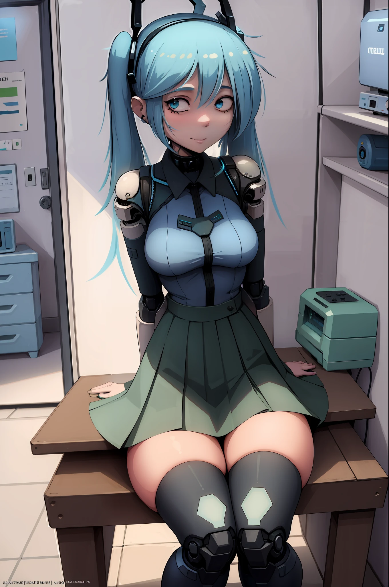 (nradiowave:1.4), (Masterpiece, Best Quality, Highres:1.4), Detailed, Intricate Details, 4K,
1Girl, Solo, Sitting, Hatsune Miku,
Aqua Hair, Twintails, 
Aqua Eyes, Long Eyelashes, Thick Eyelashes, Looking at Viewer,
Happy, Smile, 
Thighhighs, Pleated Skirt, 
Thick Thighs, Skindentation, (Doll Joints:1.2),
Indoors, Room, Bedroom, Sitting on Bed, nradiowave,