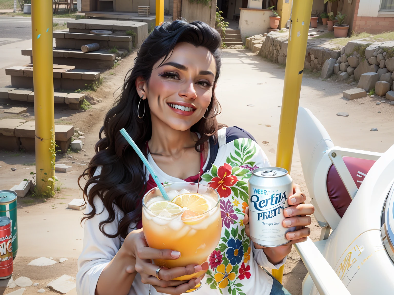 Smiling woman holding a drink and a can of tonic, by Gina Pellón, com uma bebida, imagem de perfil, beber, Directed by: Teresa Fasolino, Directed by: Tom Wänerstrand, Directed by: Daniel Schultz, majestosa obra-prima, Directed by: Judith Gutierrez, segurando uma bebida, inspired by Gina Pellón, Directed by: Carla Wyzgala, tiro no rosto, Directed by: Pamela Drew