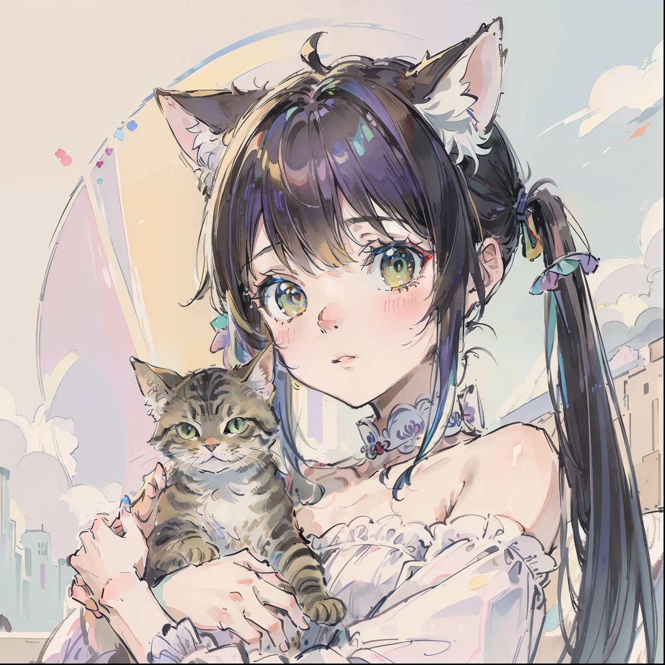 (top-quality、​masterpiece)、A stunning、Take a cute cat、(rainbow-colored hair)、(Twin-tailed)