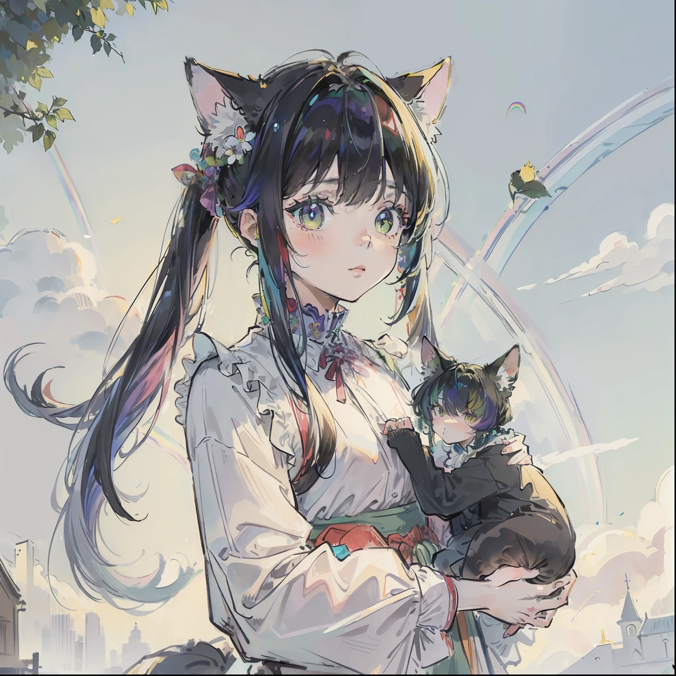 (top-quality、​masterpiece)、A stunning、Take a cute cat、(rainbow-colored hair)、(Twin-tailed)