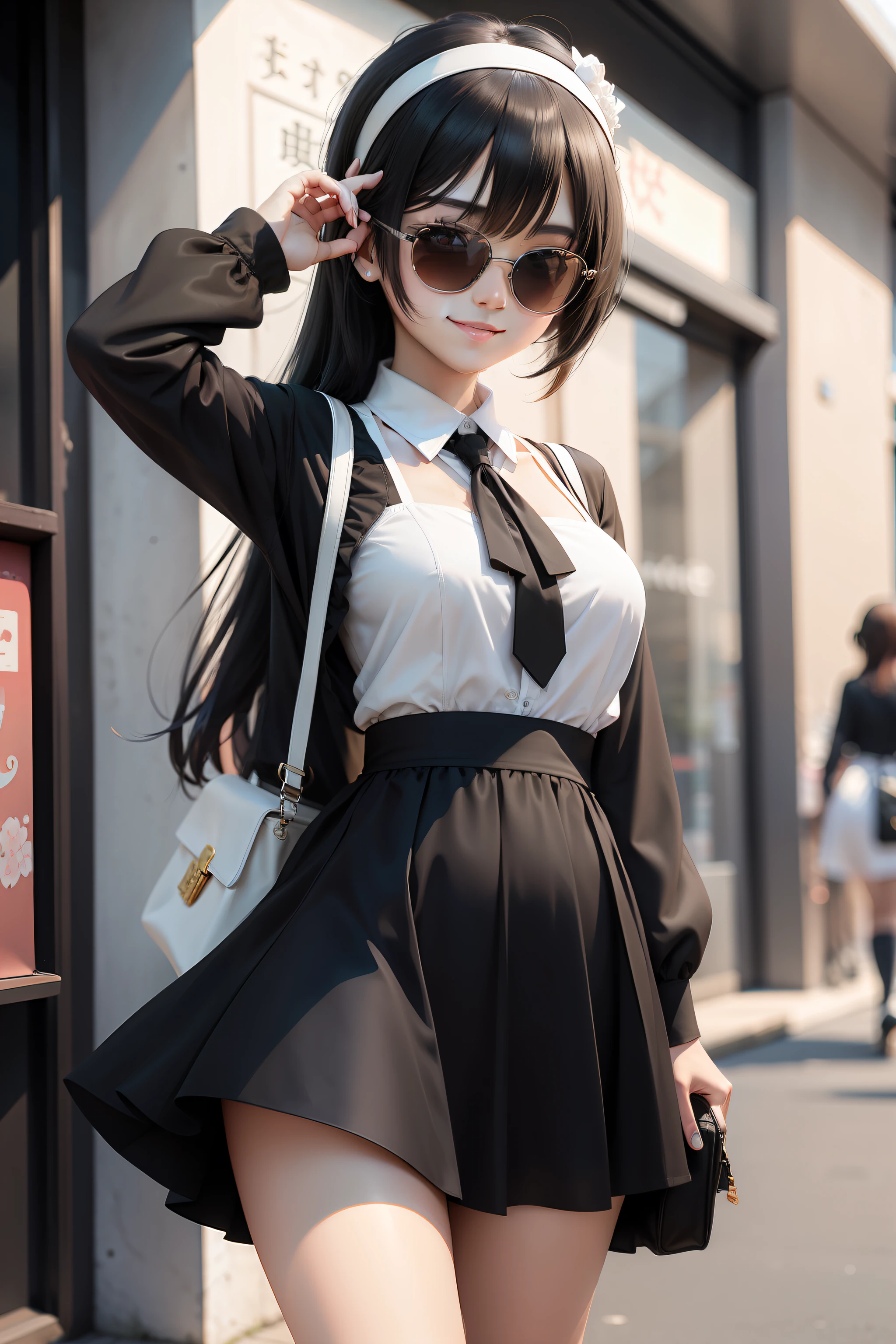anime moe art style,ChineseGirl,White headband,Black round sunglasses,black color dress,With a smile,White collar