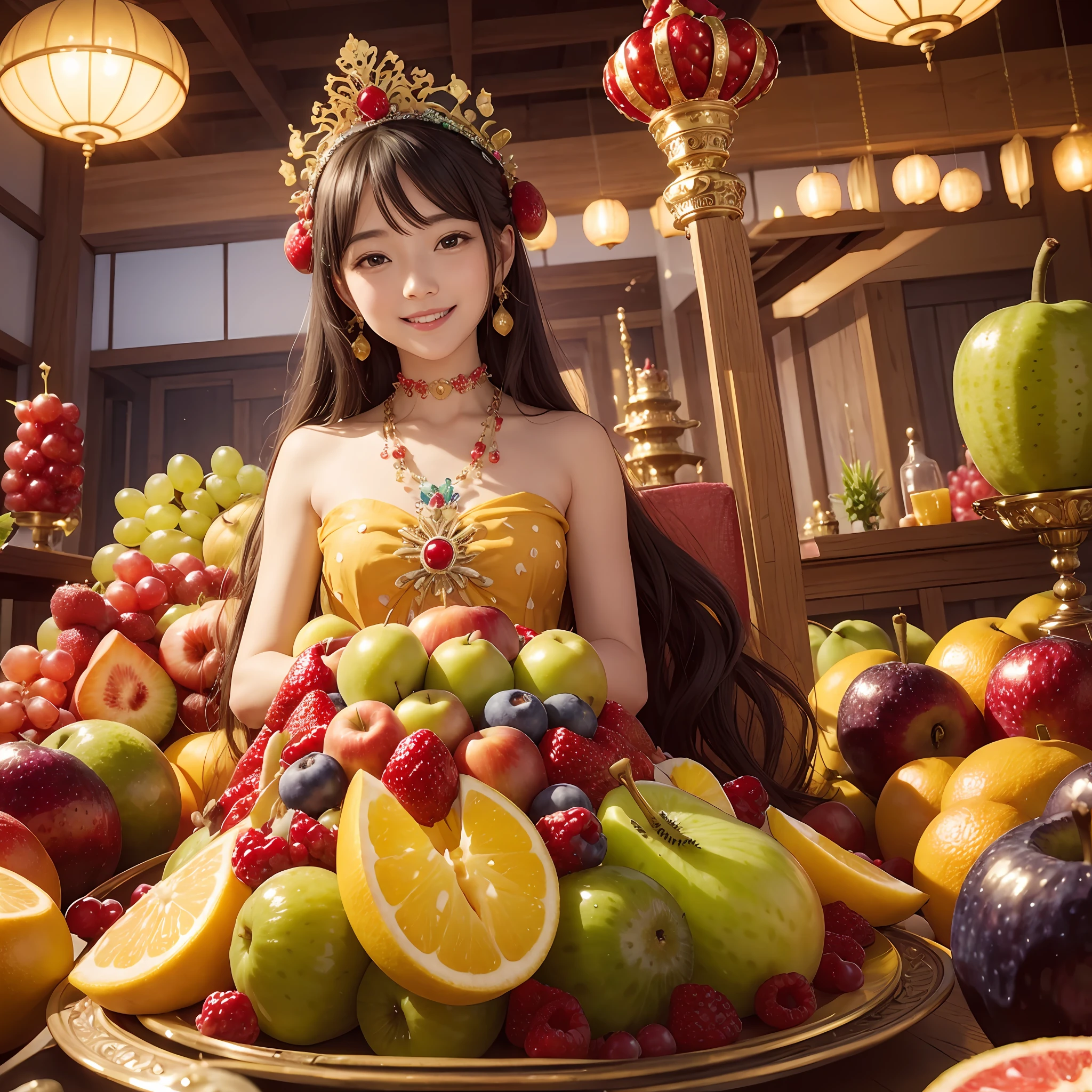 ​masterpiece、top-quality、realisitic、Photorealsitic、Fruit-themed kingdom、Fruit-themed castle、Princess in fruit-themed dress、A Japanese Lady、Fruit Accessories、Fruit Jewelry、Surrounded by lots of fruit、Mixed Fruit Tower、Bright décor、A smile、dynamic ungle、动态照明