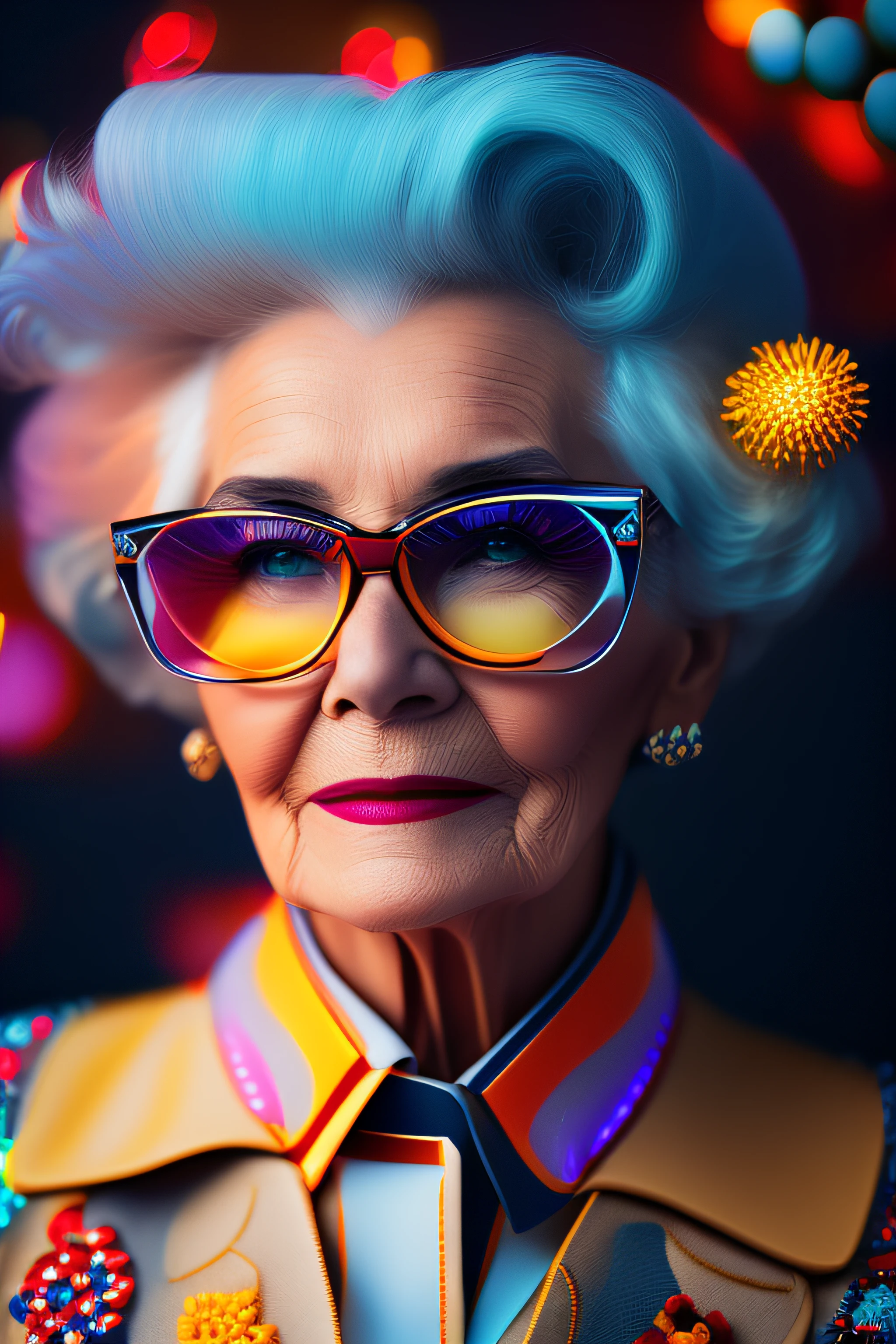 (fashionista portrait An older, elderly, European face, with yellow glasses and a flower in her hair, 1950s with intricate modern colored bright vintage colored glasses), hair with colorful flowers, expression would be, (extremely detailed digital photography: 1.2), standing in the middle of the city, (((full body))), raw image,, Hasselblad, 50asa, f8, 12mm, glow effects, godrays, hand-drawn, render, 8k, octane render, cinema 4d, blender, dark, atmospheric 4k ultra detailed, sensual cinematic, sharp focus, very serious illustration great depth of field, masterpiece, colors, 3d octane rendering, 4k, concept art, trend in artstation, hyperrealistic, vivid colors, rim light, extremely detailed CG 8k wallpaper unit, trend in ArtStation, trend in CGSociety, Pop Art style by Yayoi Kusama, Intricate, High Detail, dramatic, pure energy, light particles, sci-fi