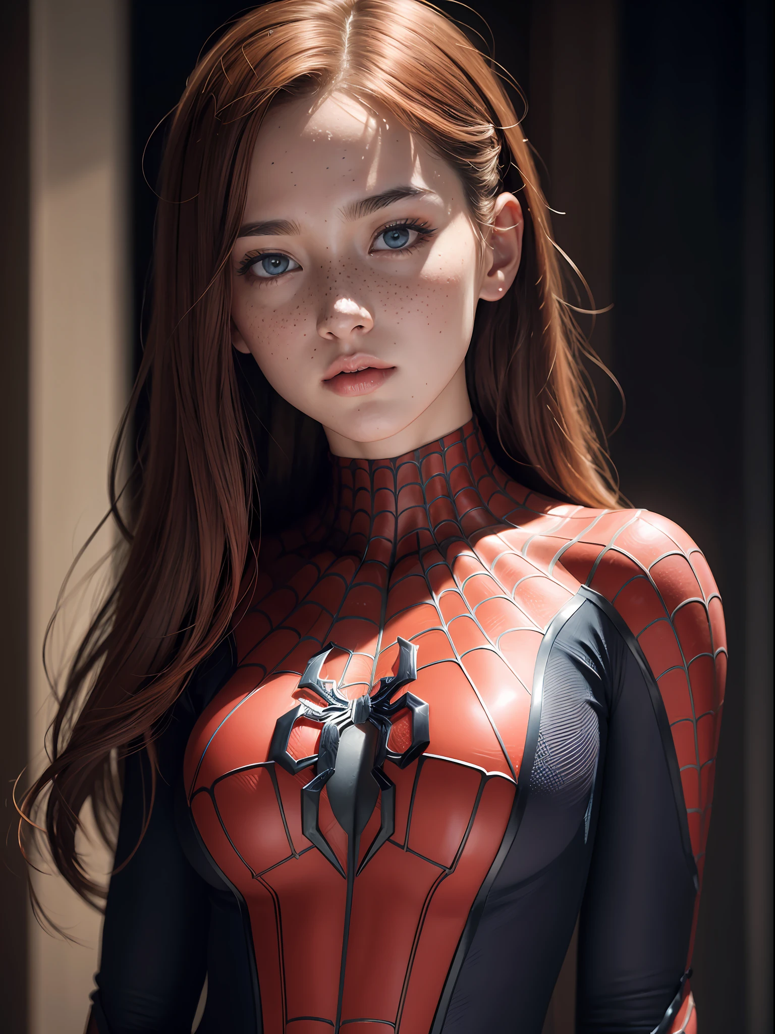 extremely detailed CG,UHD wallpaper, Extreme details,(realistic:1.2),(((best quality))), ((ultra-detailed)), (cute detailed face:1.2), {{highly detailed face}},beautiful and aesthetic,1girl,(masterpiece:1.4),glowing skin,dramatic shadows, intense shadows, SIGMA 35mm F1.4, ISO 200 Shutter Speed 2000,Photorealism,{photorealistic}, photogenic, Girl, finely detailed,HIGH RES, {{intricate detail}},(((beautiful detailed lighting))),beautiful detailed colorful eyes, best quality, 1girl, masterpiece, best quality, 8k, detailed skin texture, detailed cloth texture, beautiful detailed face, intricate details, ultra detailed, european youth, european beauty, Spider-Man uniform, straight red hair, freckles, walk on all four, from back, sfw, erotism,
