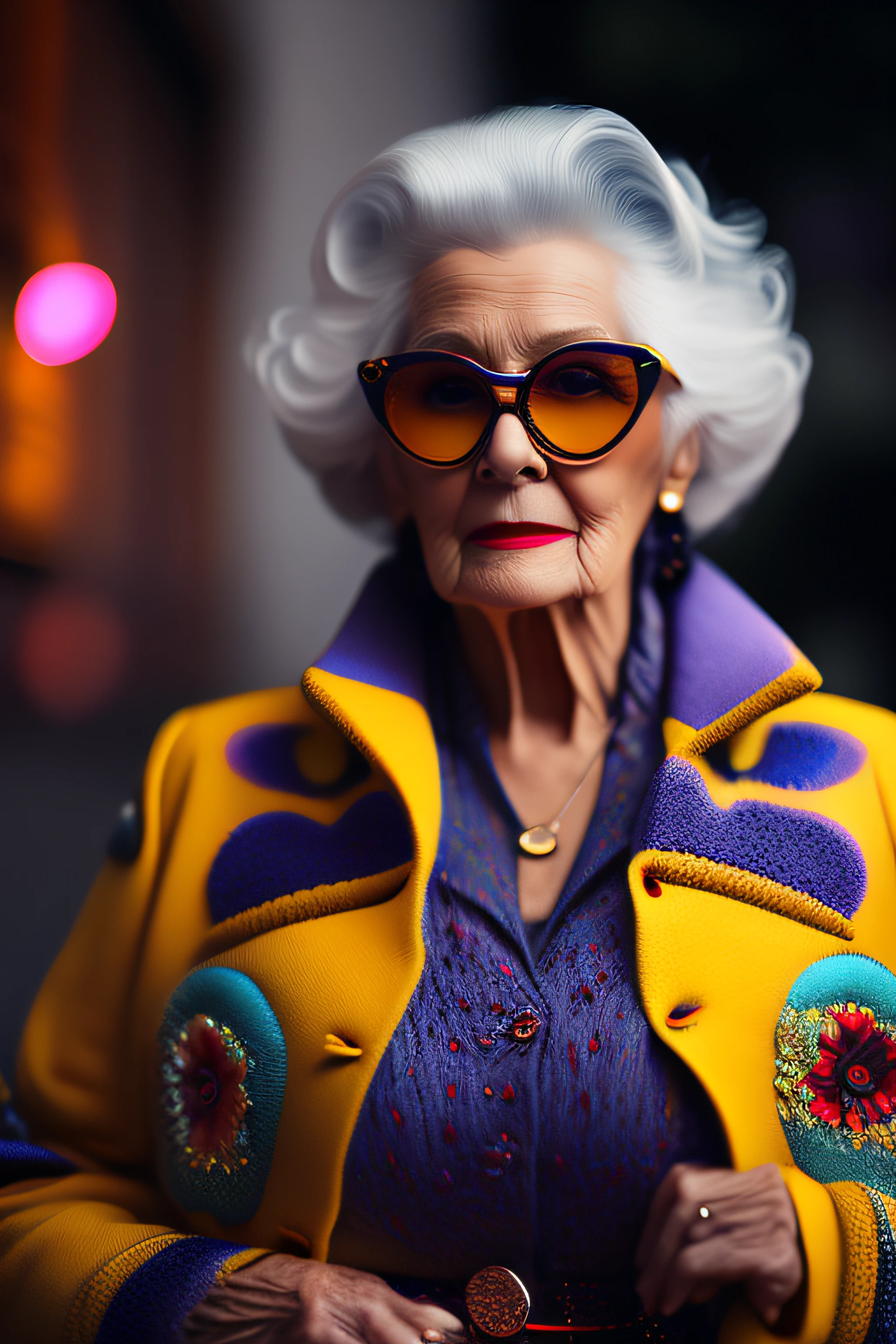 (fashionista portrait An older, elderly, European face, with yellow glasses and a flower in her hair, 1950s with intricate modern colored bright vintage colored glasses), hair with colorful flowers, expression would be, (extremely detailed digital photography: 1.2), standing in the middle of the city, (((full body))), raw image,, Hasselblad, 50asa, f8, 12mm, glow effects, godrays,  hand-drawn, render, 8k, octane render, cinema 4d, blender, dark, atmospheric 4k ultra detailed, sensual cinematic, sharp focus, very serious illustration great depth of field, masterpiece, colors, 3d octane rendering, 4k, concept art, trend in artstation, hyperrealistic, vivid colors, rim light, extremely detailed CG 8k wallpaper unit, trend in ArtStation,  trend in CGSociety, Pop Art style by Yayoi Kusama, Intricate, High Detail, dramatic, pure energy, light particles, sci-fi