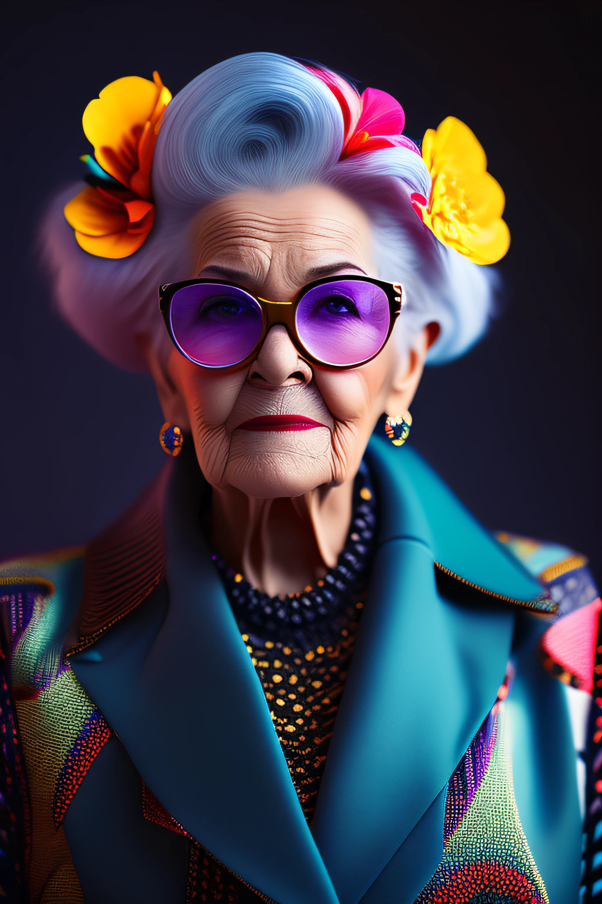 (fashionista portrait An older, elderly, European face, with yellow glasses and a flower in her hair, 1950s with intricate modern colored bright vintage colored glasses), hair with colorful flowers, expression would be, (extremely detailed digital photography: 1.2), standing in the middle of the city, (((full body))), raw image,, Hasselblad, 50asa, f8, 12mm, glow effects, godrays, hand-drawn, render, 8k, octane render, cinema 4d, blender, dark, atmospheric 4k ultra detailed, sensual cinematic, sharp focus, very serious illustration great depth of field, masterpiece, colors, 3d octane rendering, 4k, concept art, trend in artstation, hyperrealistic, vivid colors, rim light, extremely detailed CG 8k wallpaper unit, trend in ArtStation, trend in CGSociety, Pop Art style by Yayoi Kusama, Intricate, High Detail, dramatic, pure energy, light particles, sci-fi