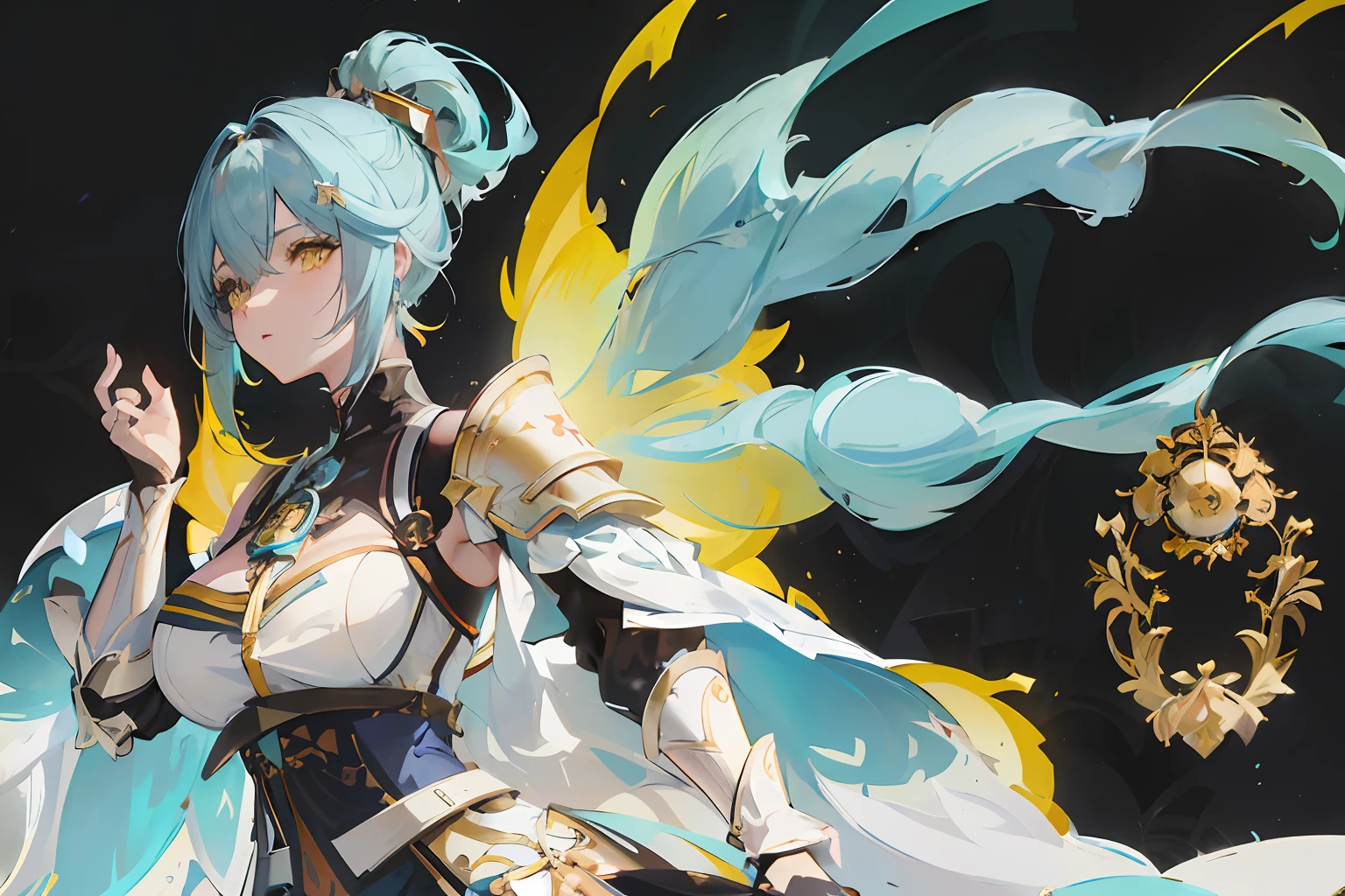 anime - style image of a woman with blue hair and a white dress, best anime 4k konachan wallpaper, portrait knights of zodiac girl, keqing from genshin impact, genshin impact character, anime art wallpaper 4 k, anime art wallpaper 4k, cushart krenz key art feminine, detailed key anime art, genshin, GenshinAvatar, ((full body)), (a woman with poofy short cyan hair and yellow eyes:1.4), highly_detailed, illustration, portrait, (((masterpiece))),(((bestquality))), (black_background:1.4), simple_background, highly intricate accessories, highly intricate clothes, white dress, gold trim, Lightblue hair, bright color, earrings, armor, shoulder armor, hairband, fear expression